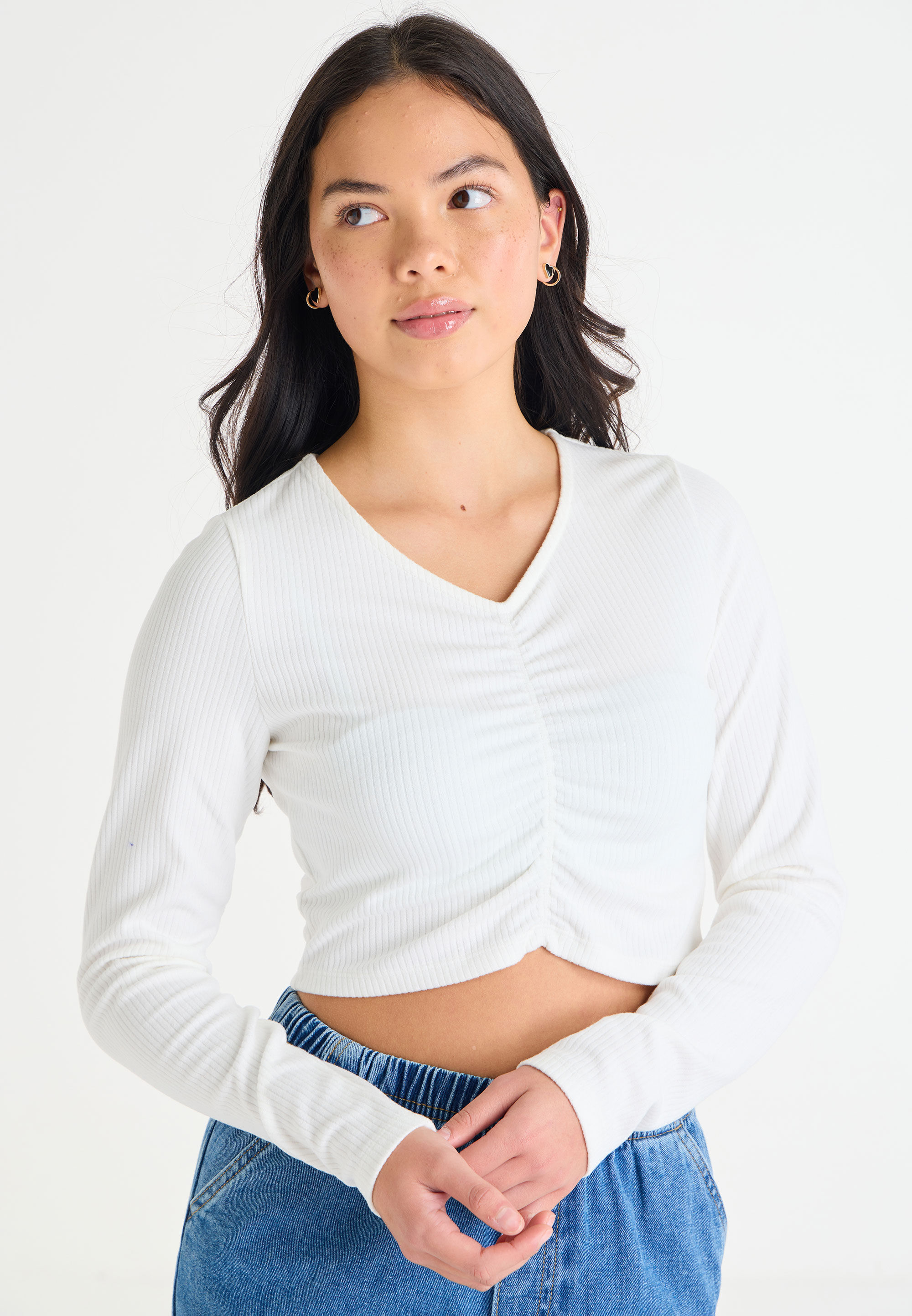 Older Girls Cream Ruched V-Neck Top