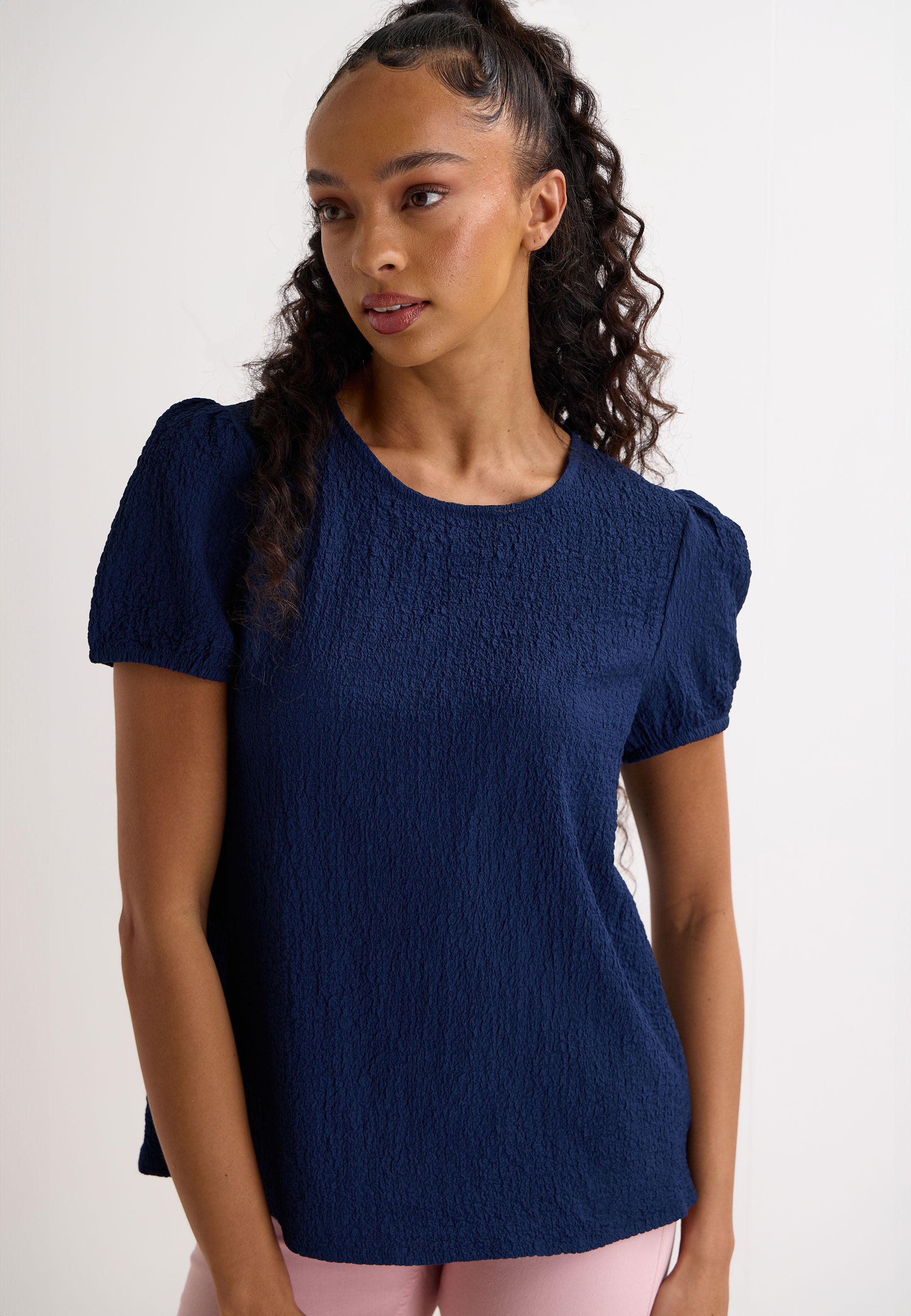 Womens Navy Plain Textured Shell Top