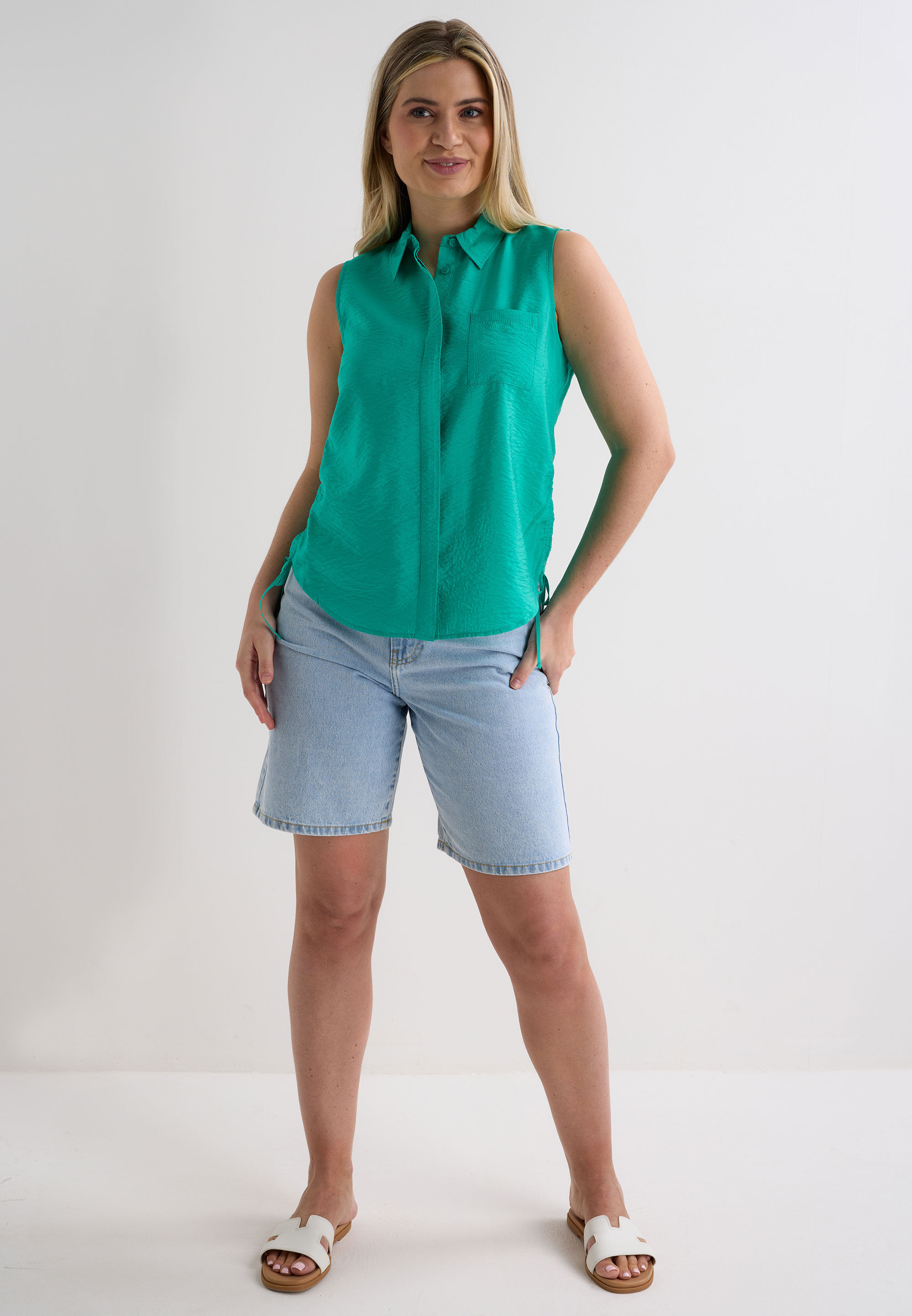 Womens Green Crinkle Ruched Side Sleeveless Shirt