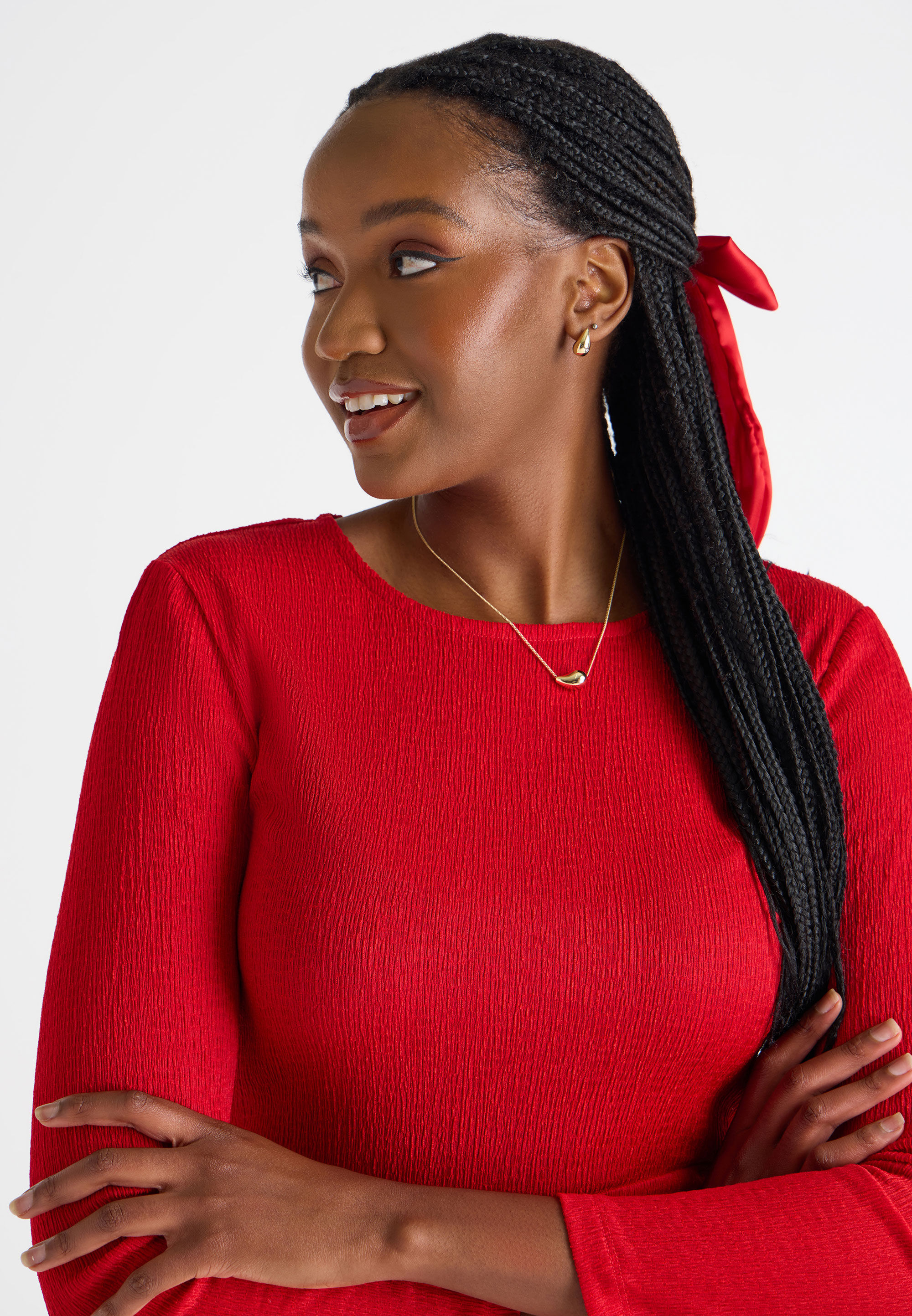 Womens Red Plain Frill Hem Dress