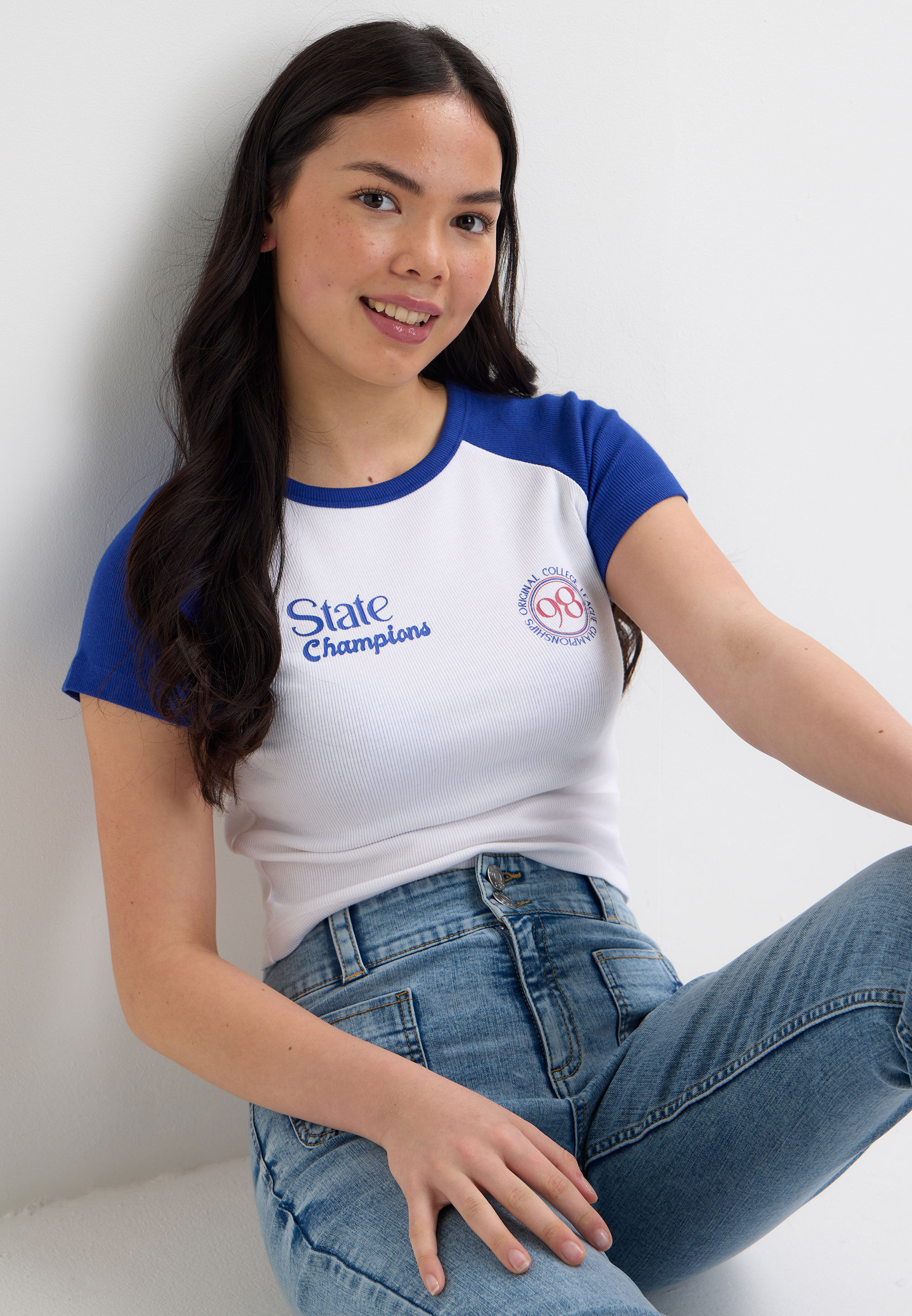 Older Girls Blue & White Sports Print Raglan T-shirt