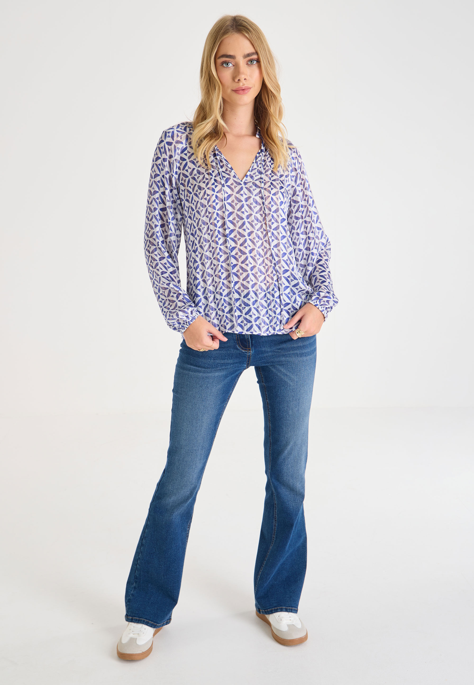 Womens Blue Tile Tie Neck Blouse