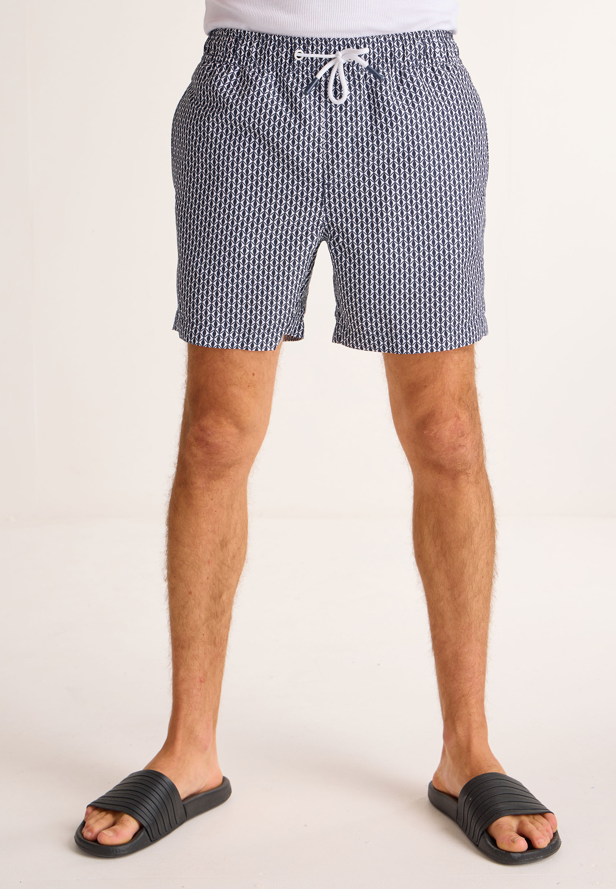 Mens Navy Geometric Print Swim Shorts