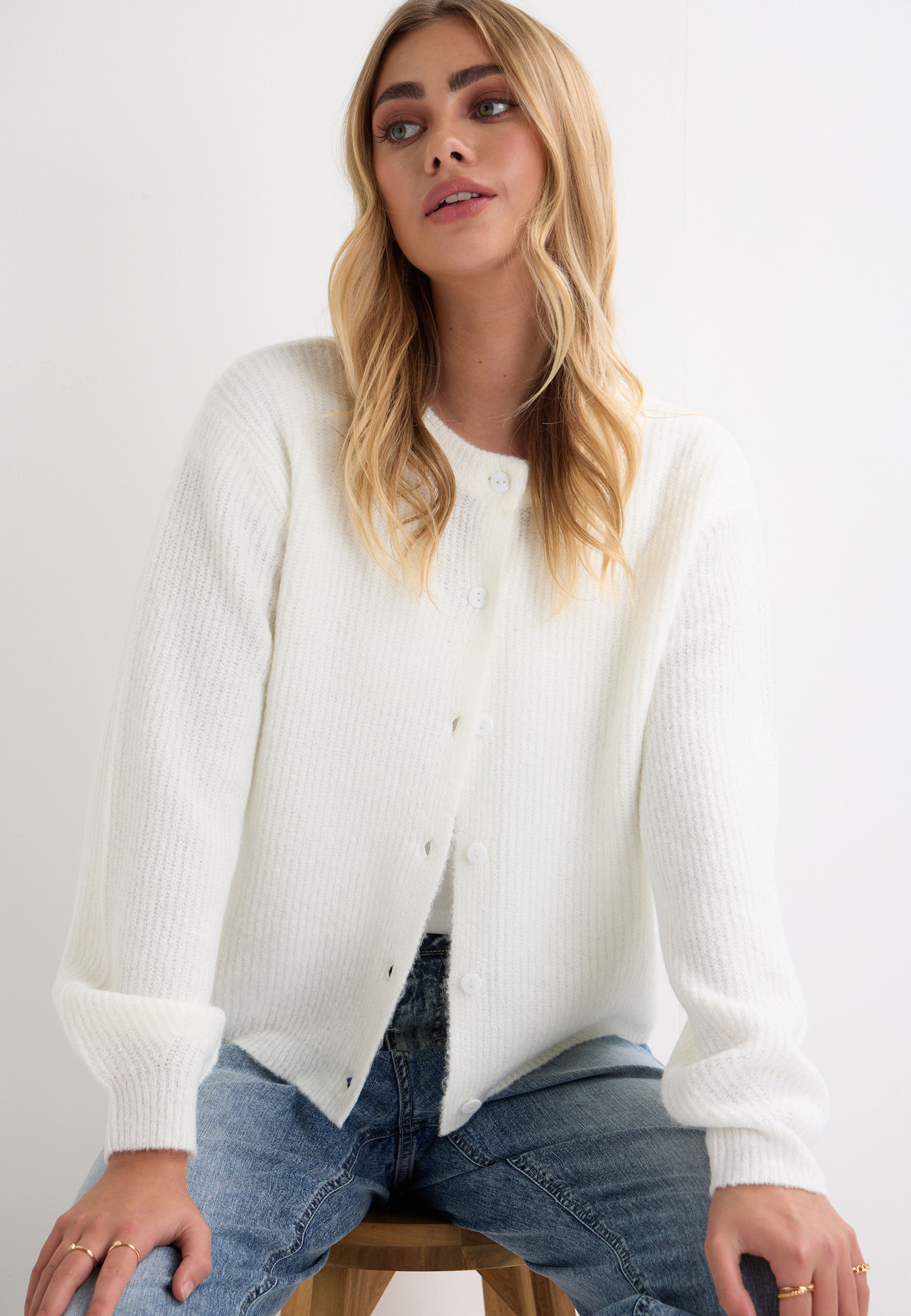 Womens White Plain Ribbed Cardigan