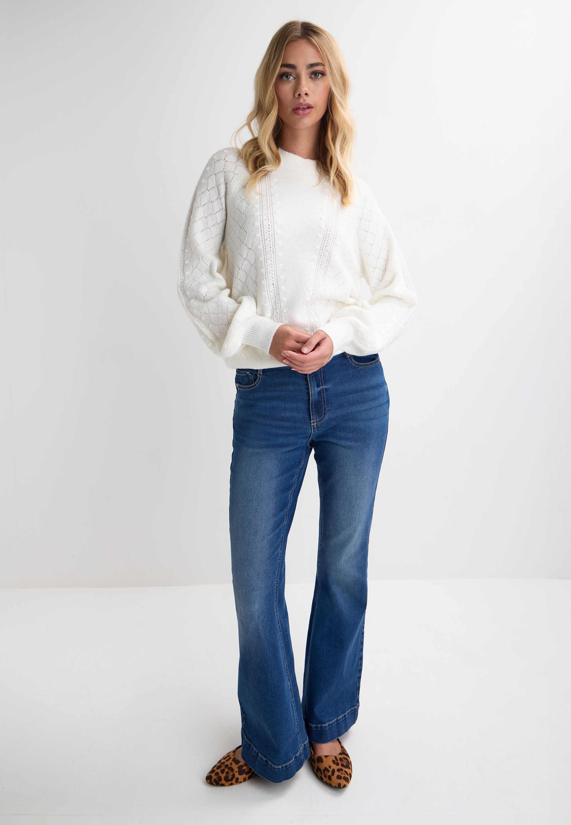 Womens White Pointelle Knitted Jumper
