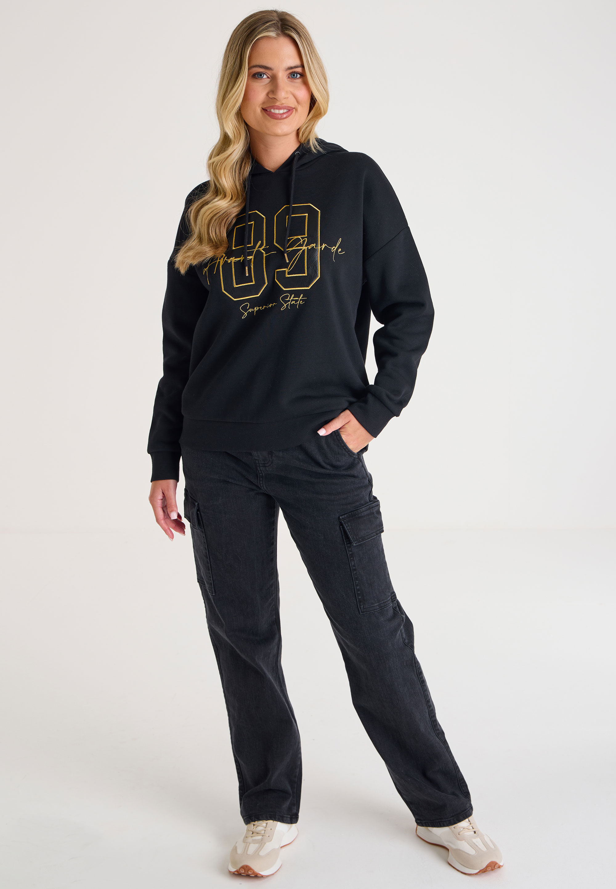 Womens Black & Gold Embroidery Slogan Hoodie