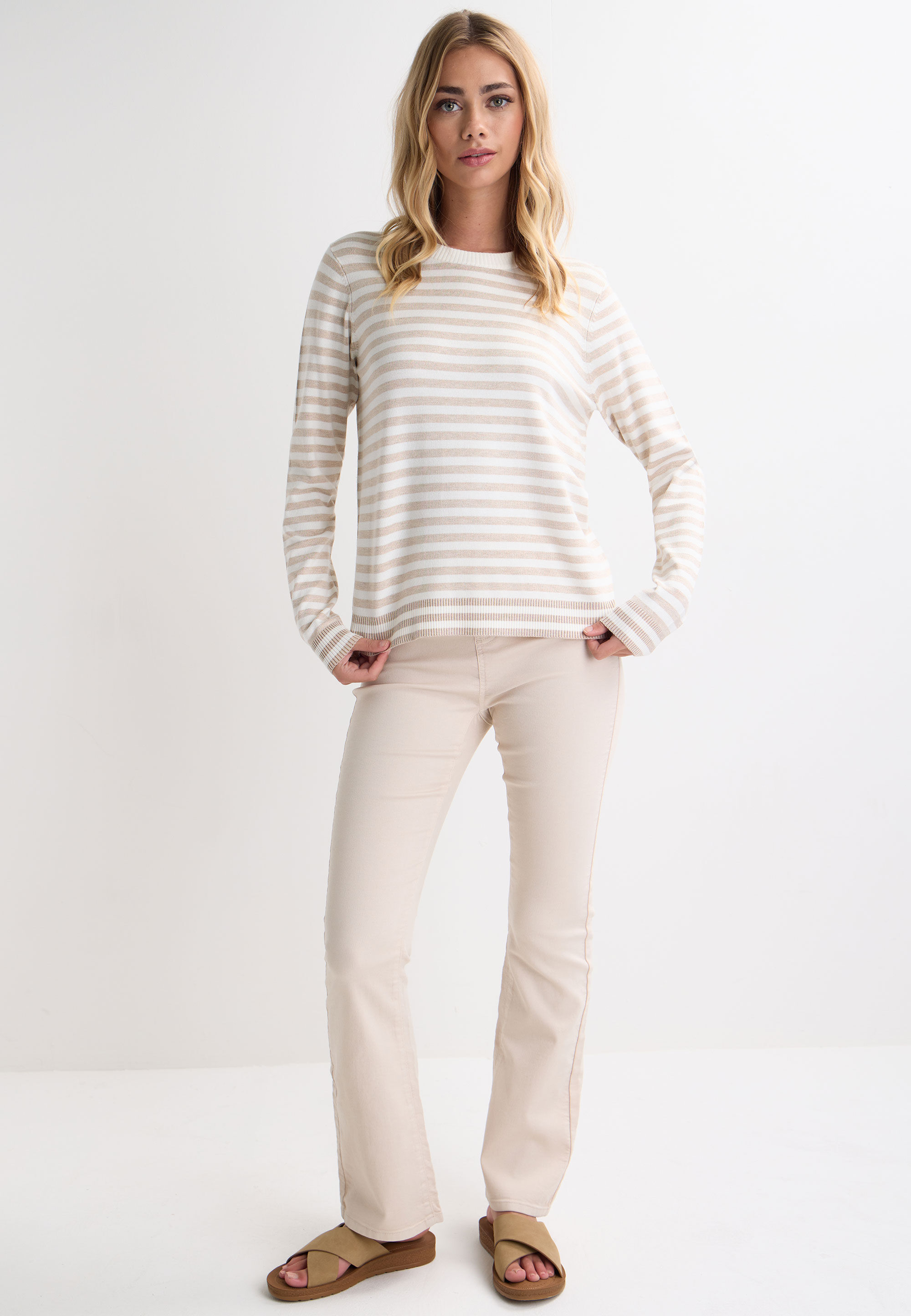 Womens Natural & Cream Stripe Crew Neck Jumper