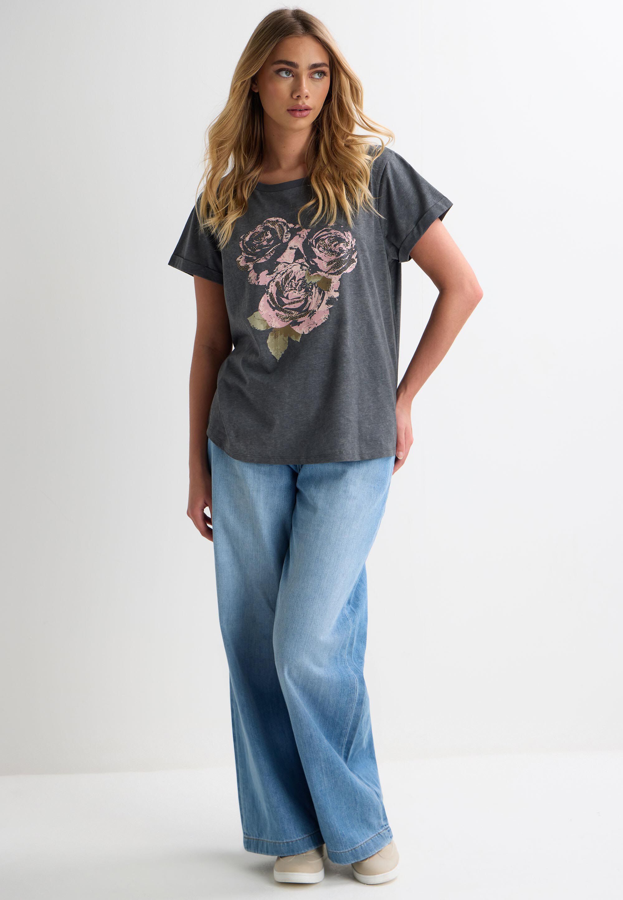 Womens Grey & Pink Rose Heatseal Graphic T-shirt