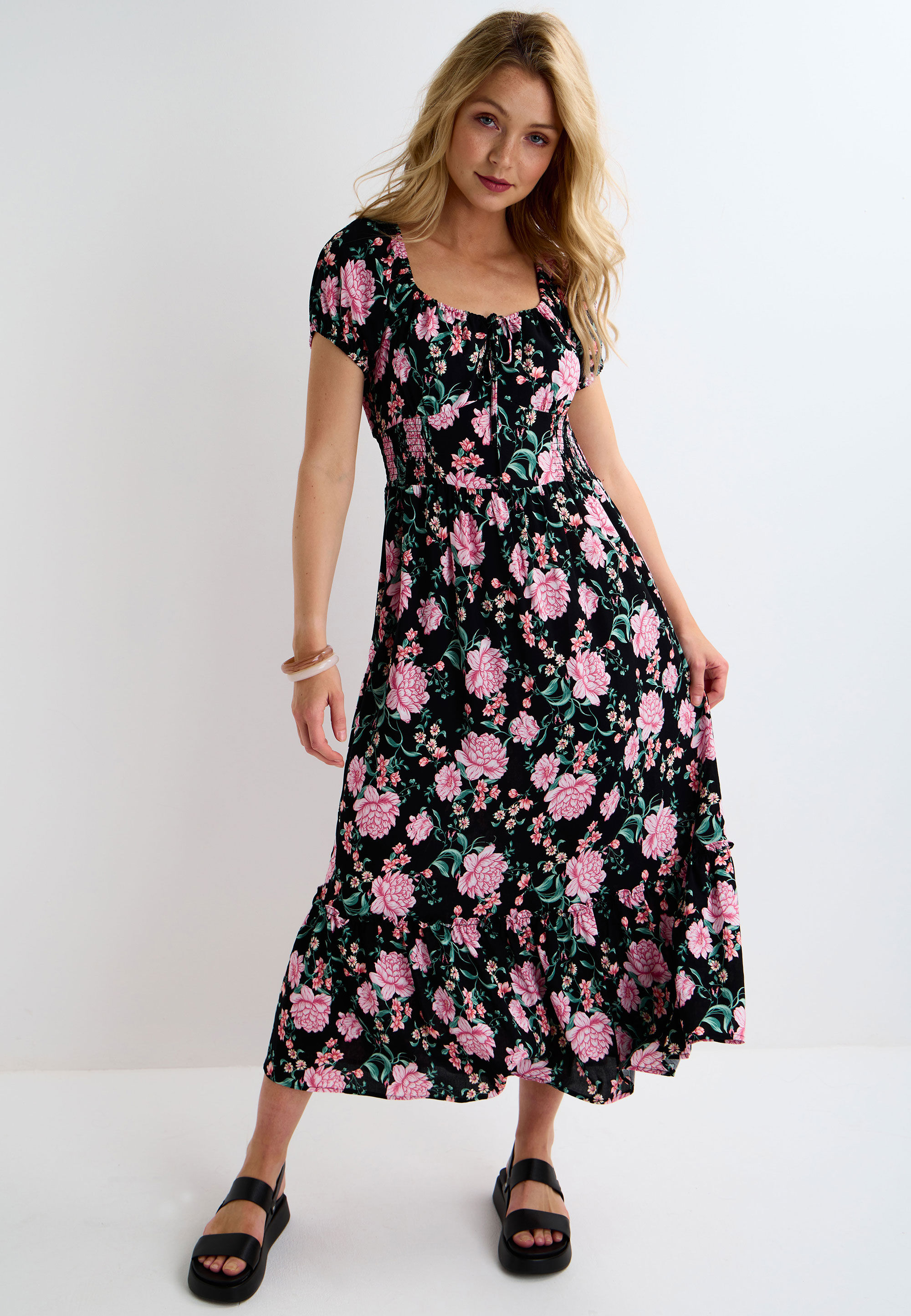 Womens Black & Pink Floral Milkmaid Midi Dress