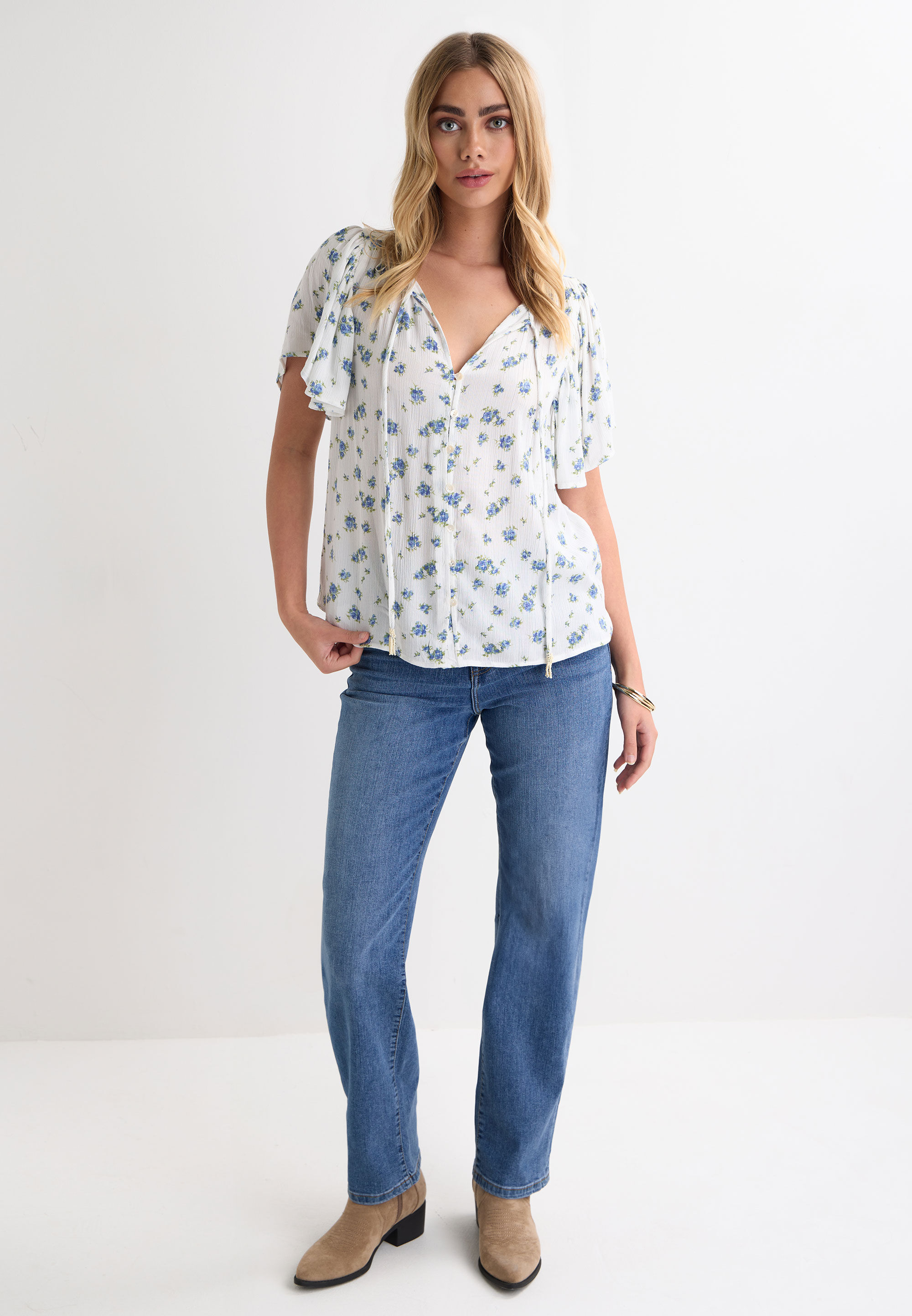 Womens White Ditsy Flutter Sleeve Blouse Top