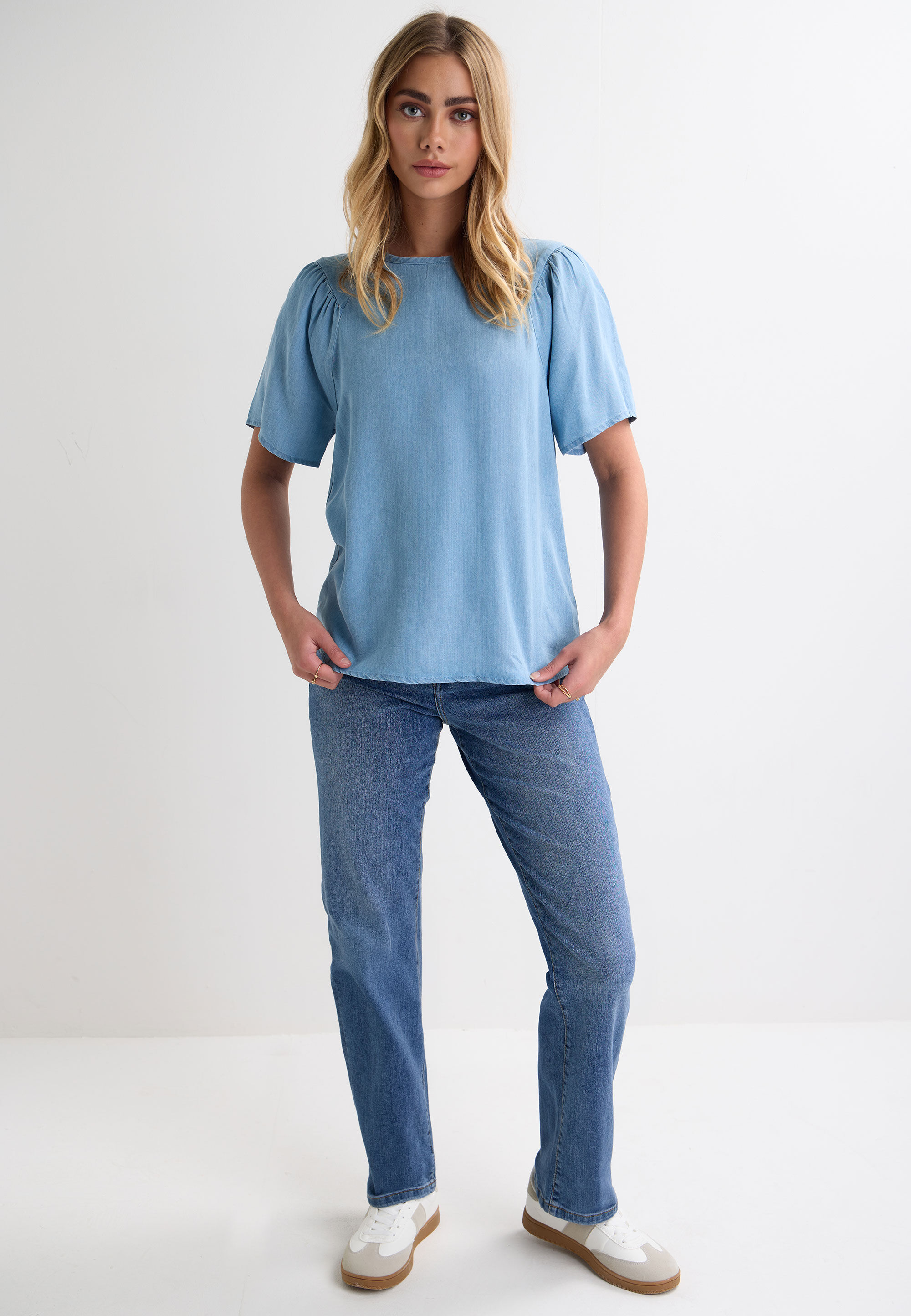 Womens Blue Denim Look Short Sleeve Top