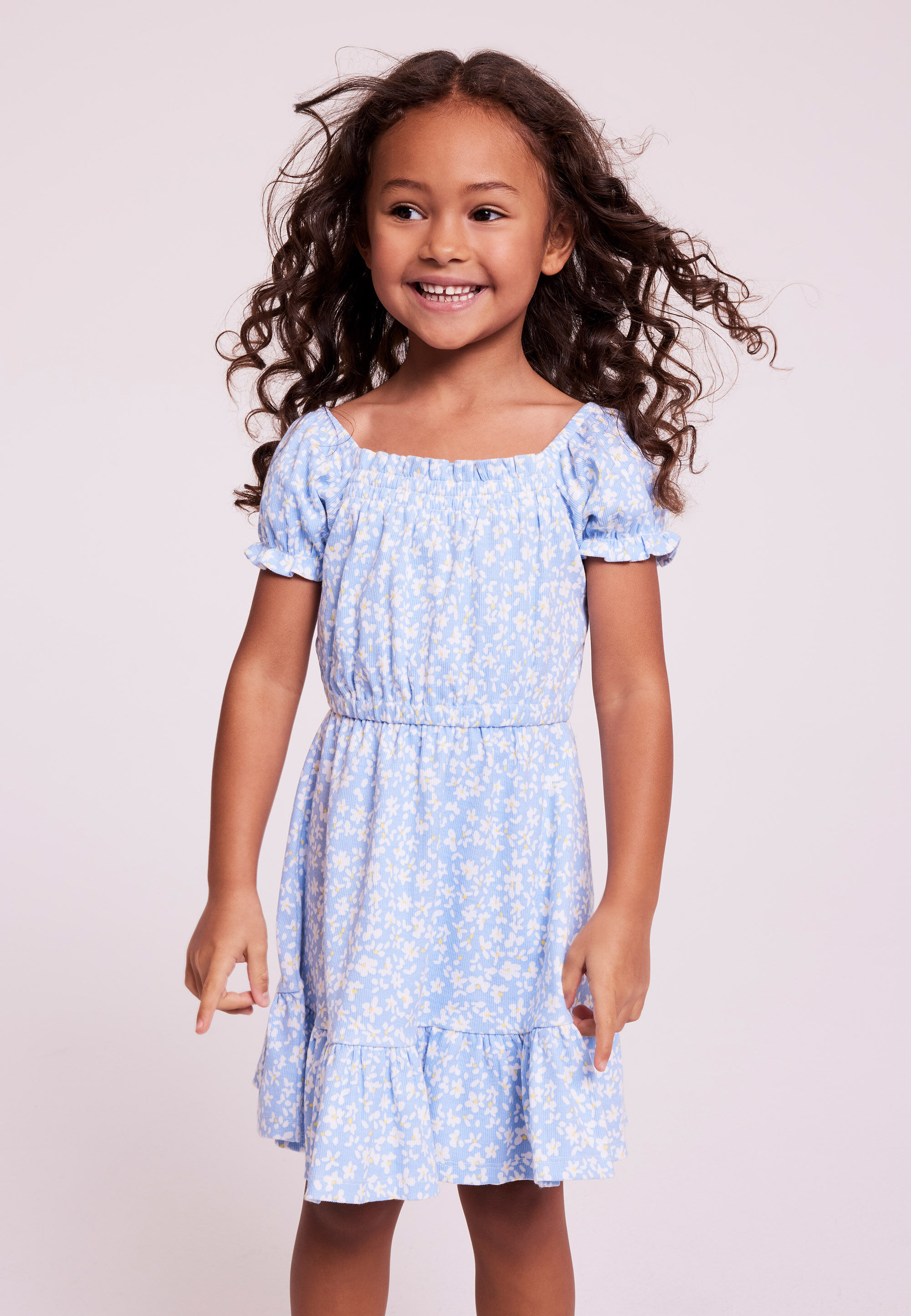 Younger Girls Blue Floral Frill Dress