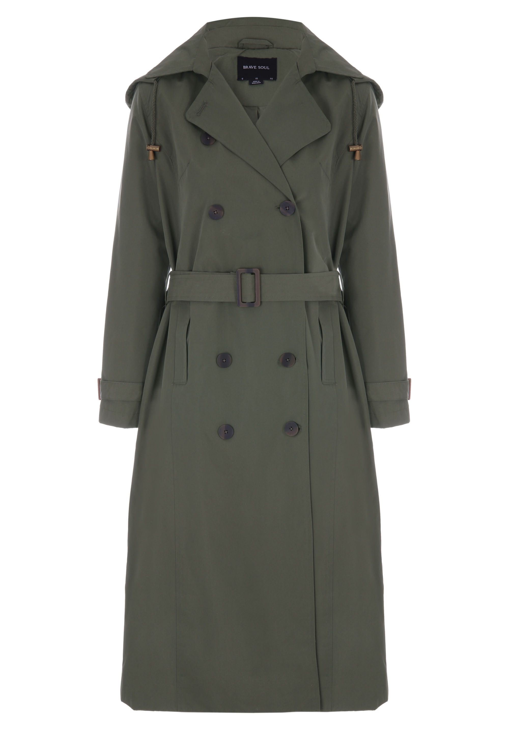 Womens Khaki Double Breasted Hooded Trench Coat