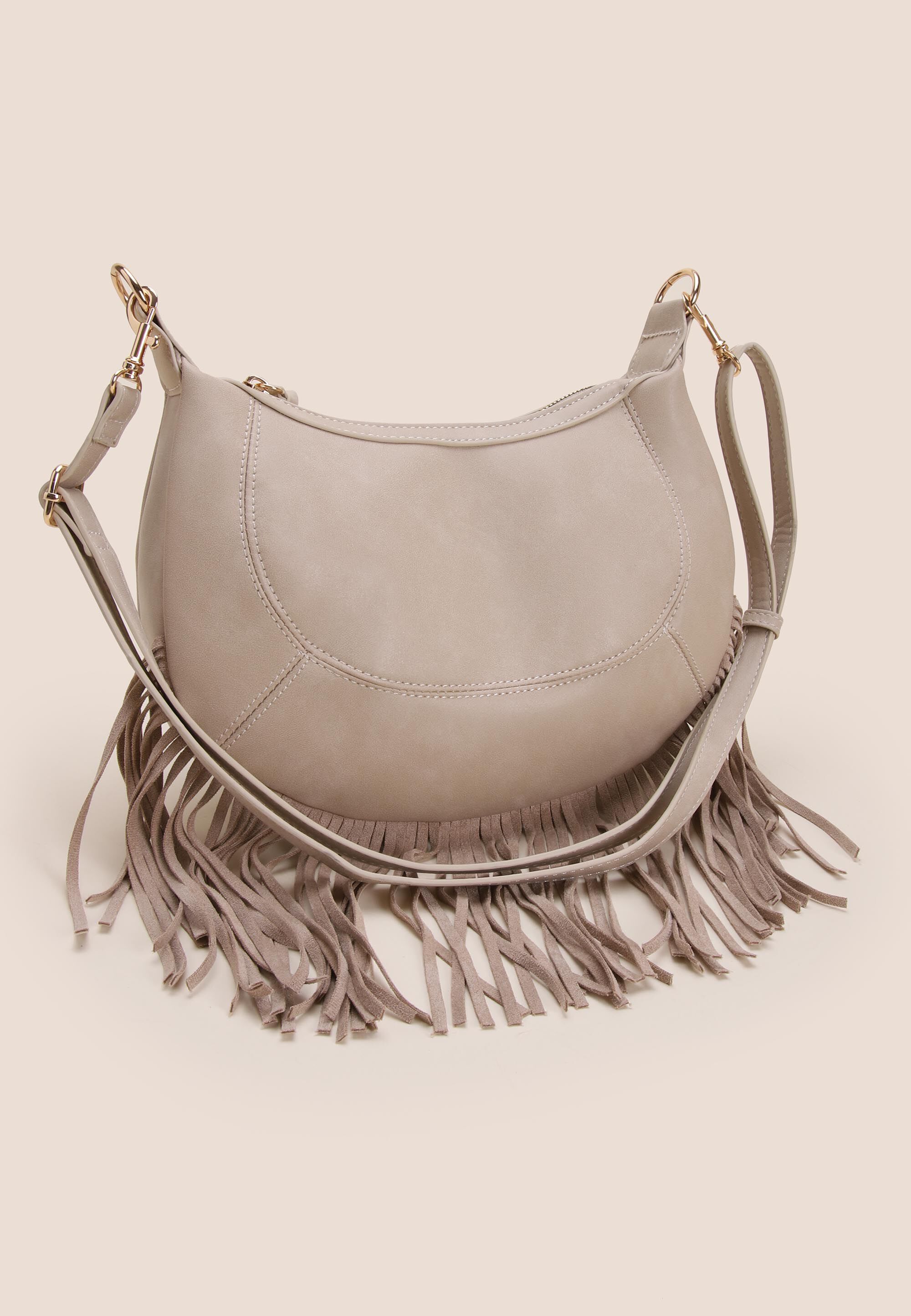 Womens Taupe Fringe Cross Body Bag