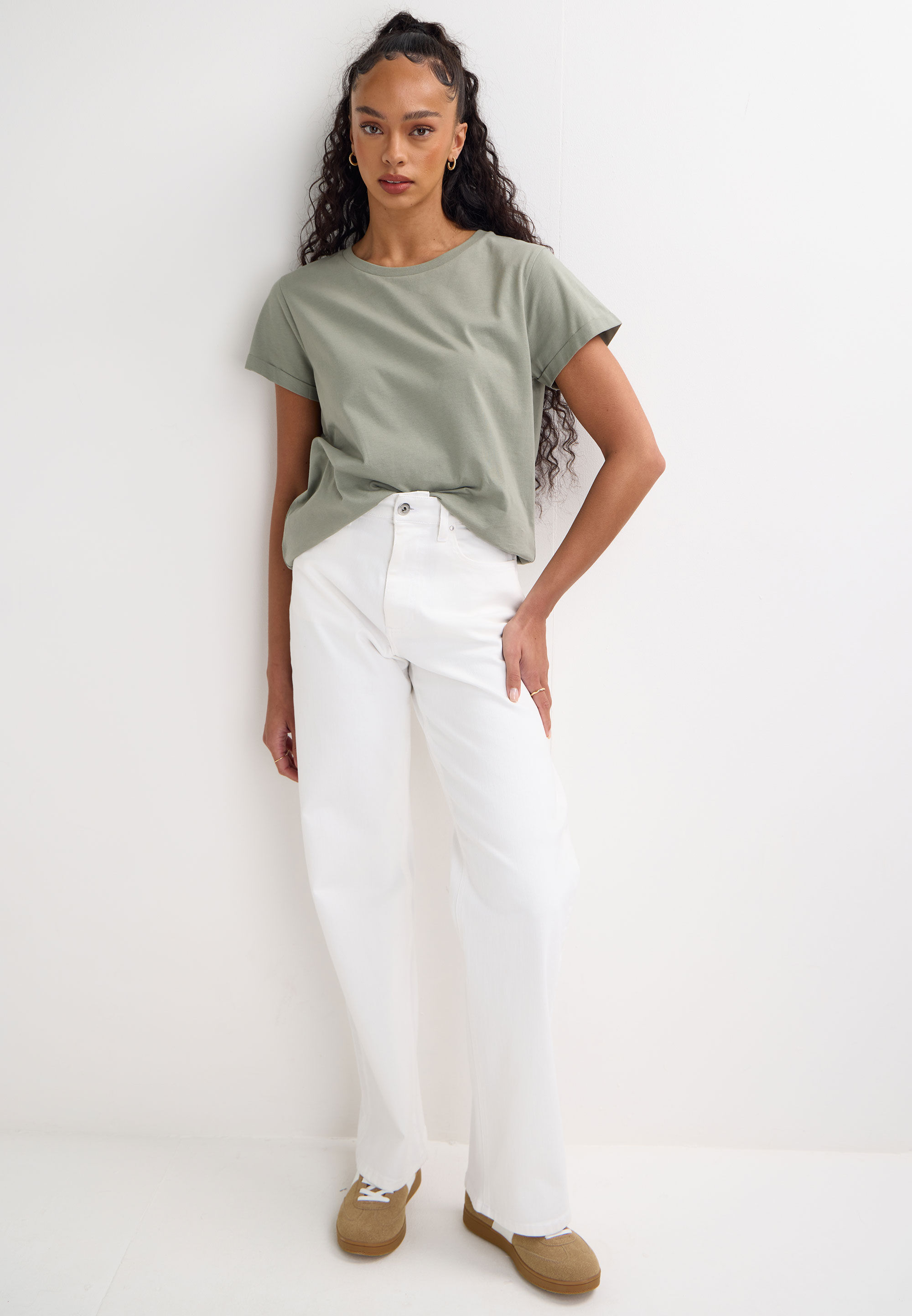 Womens Khaki Plain Roll Sleeve T-shirt