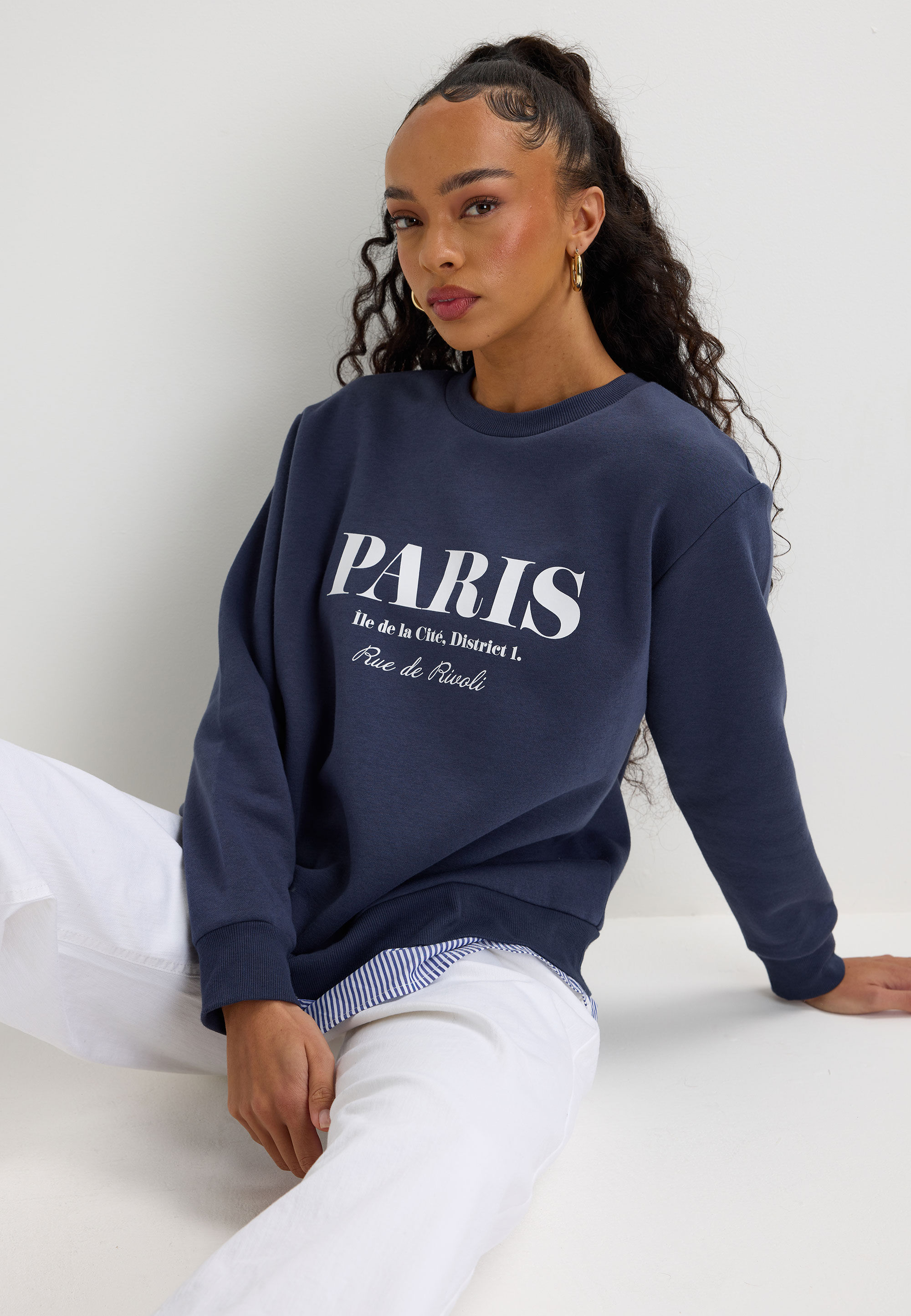 Womens Navy Paris Slogan 2 in 1 Shirt & Sweatshirt