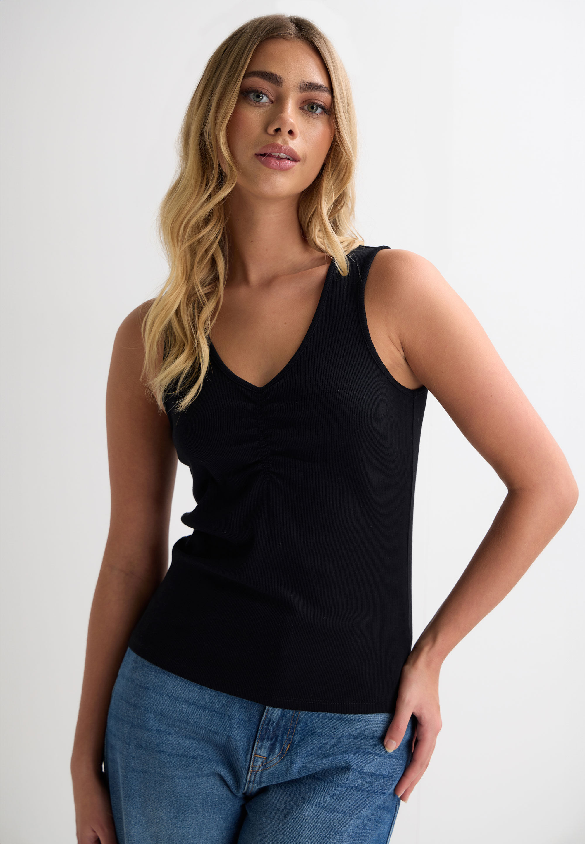 Womens Black Plain Ruched Front Vest Top