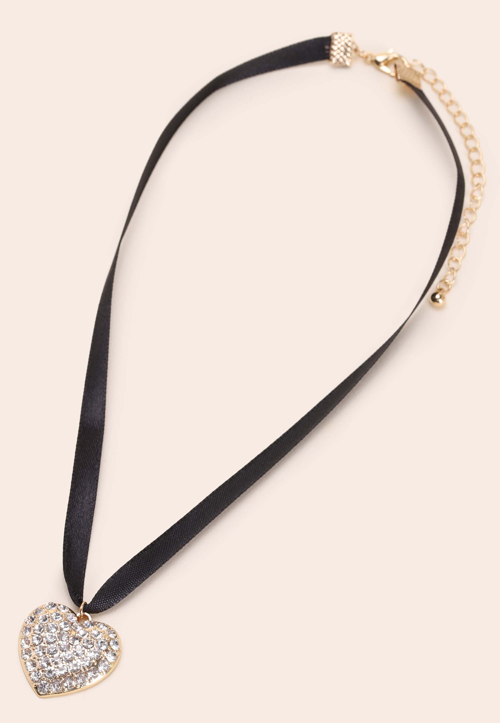 Womens Gold Heart Pendant Ribbon Necklace