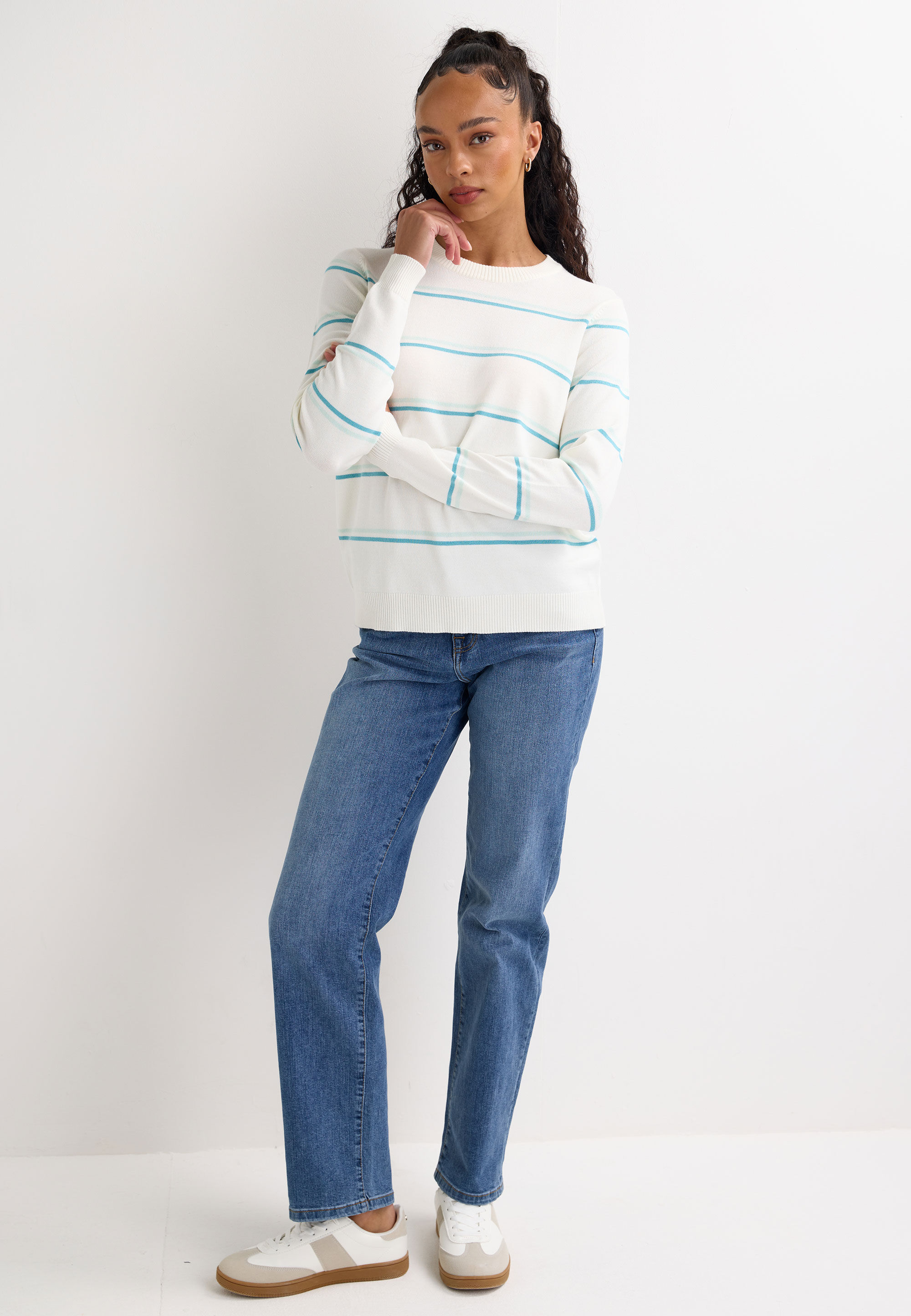 Womens Light Green Stripe Crew Neck Jumper