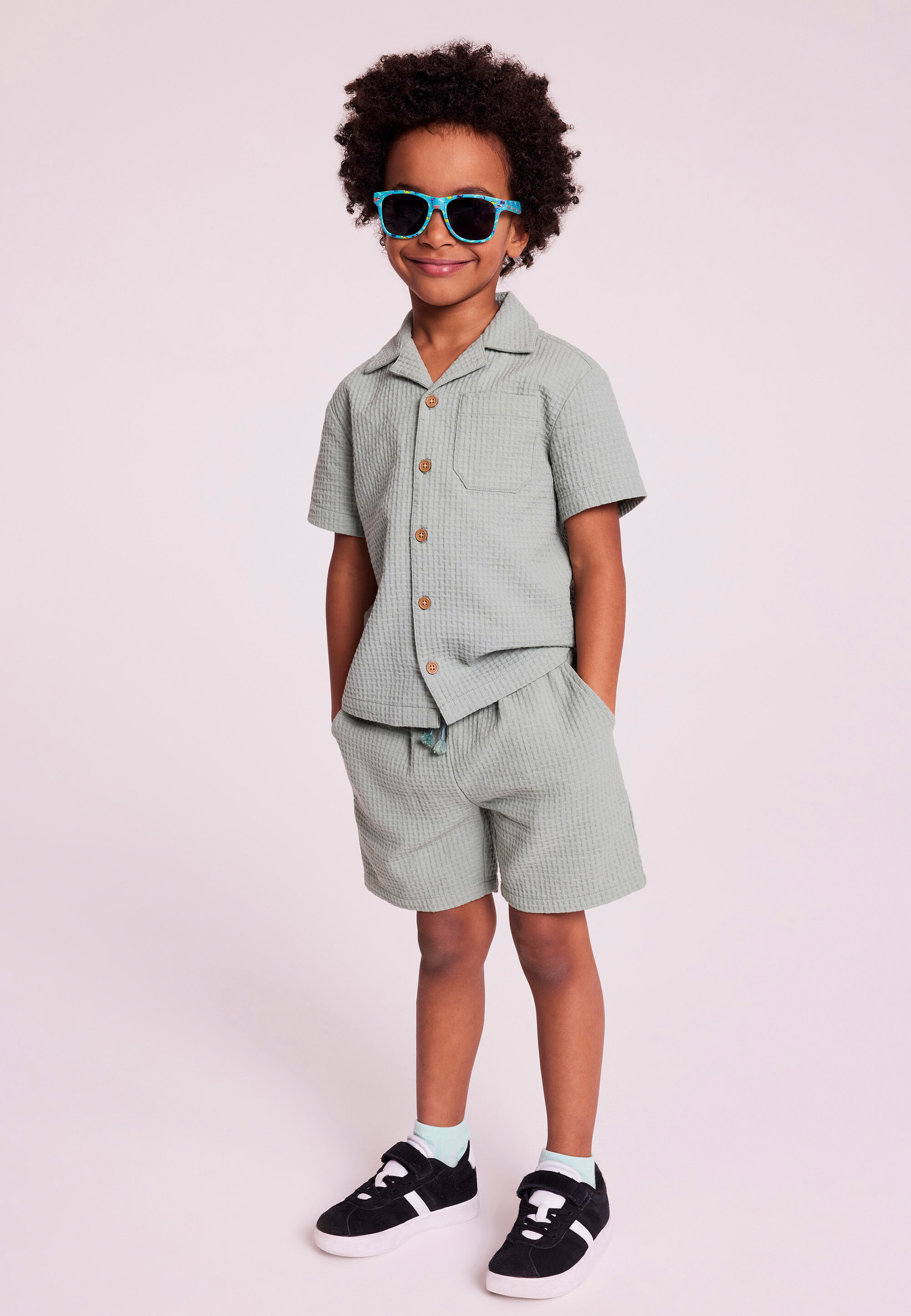 Younger Boys Green Waffle Shirt and Short Set