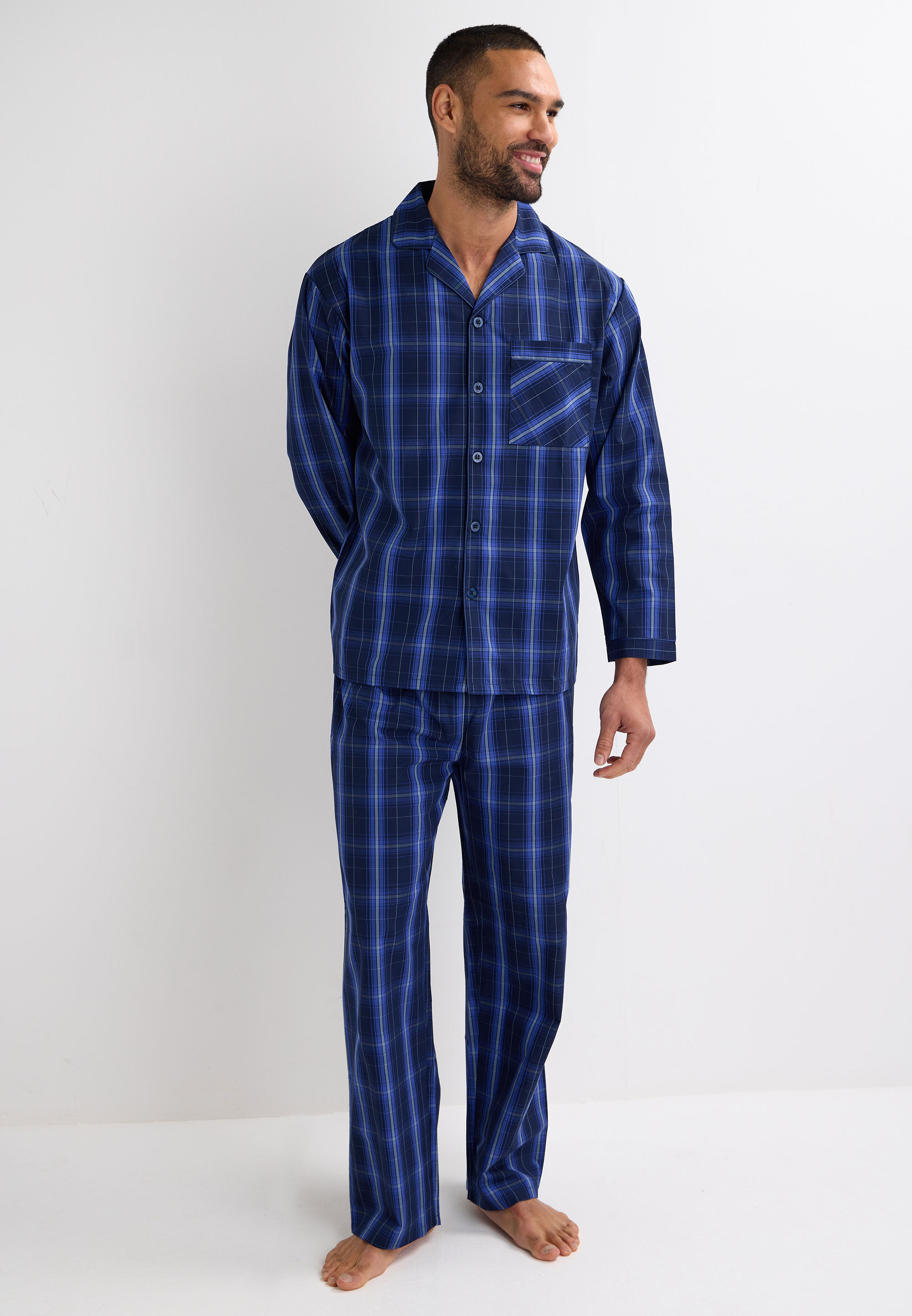 Mens Navy Check Full Length Pyjama Set
