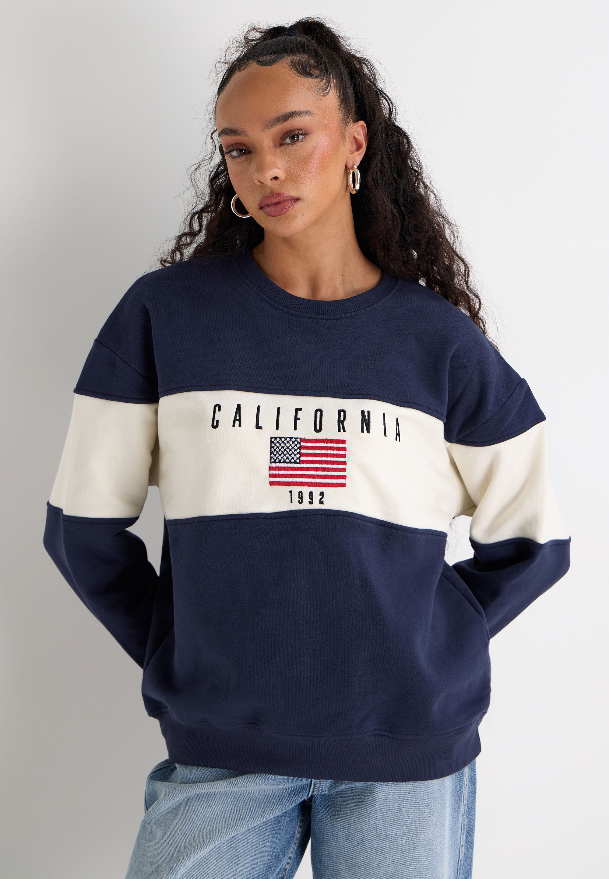 Womens Navy Colourblock USA Flag Sweatshirt