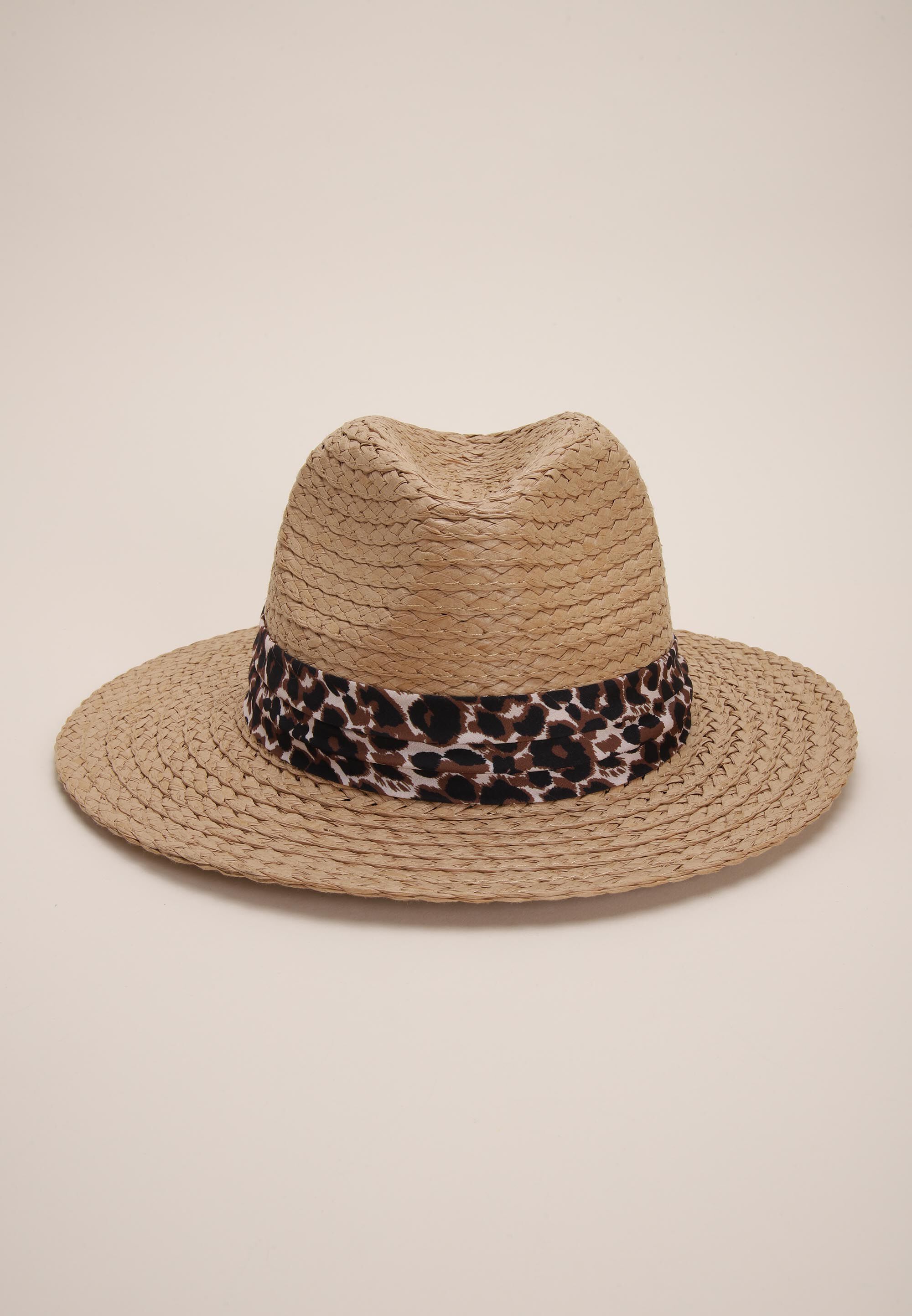 Womens Natural &Leopard Print Band Fedora Hat