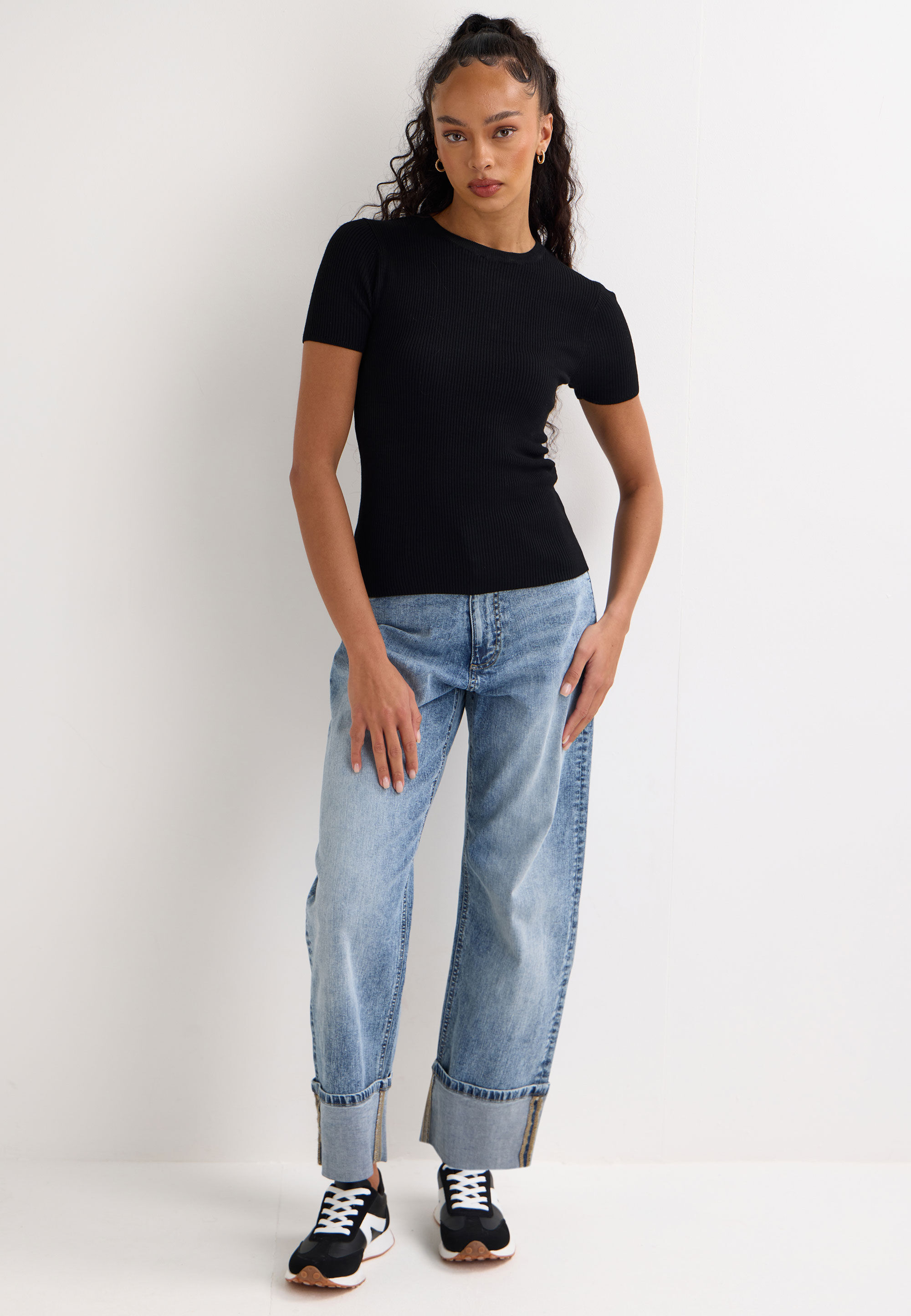 Womens Black Plain Ribbed Short Sleeve Jumper