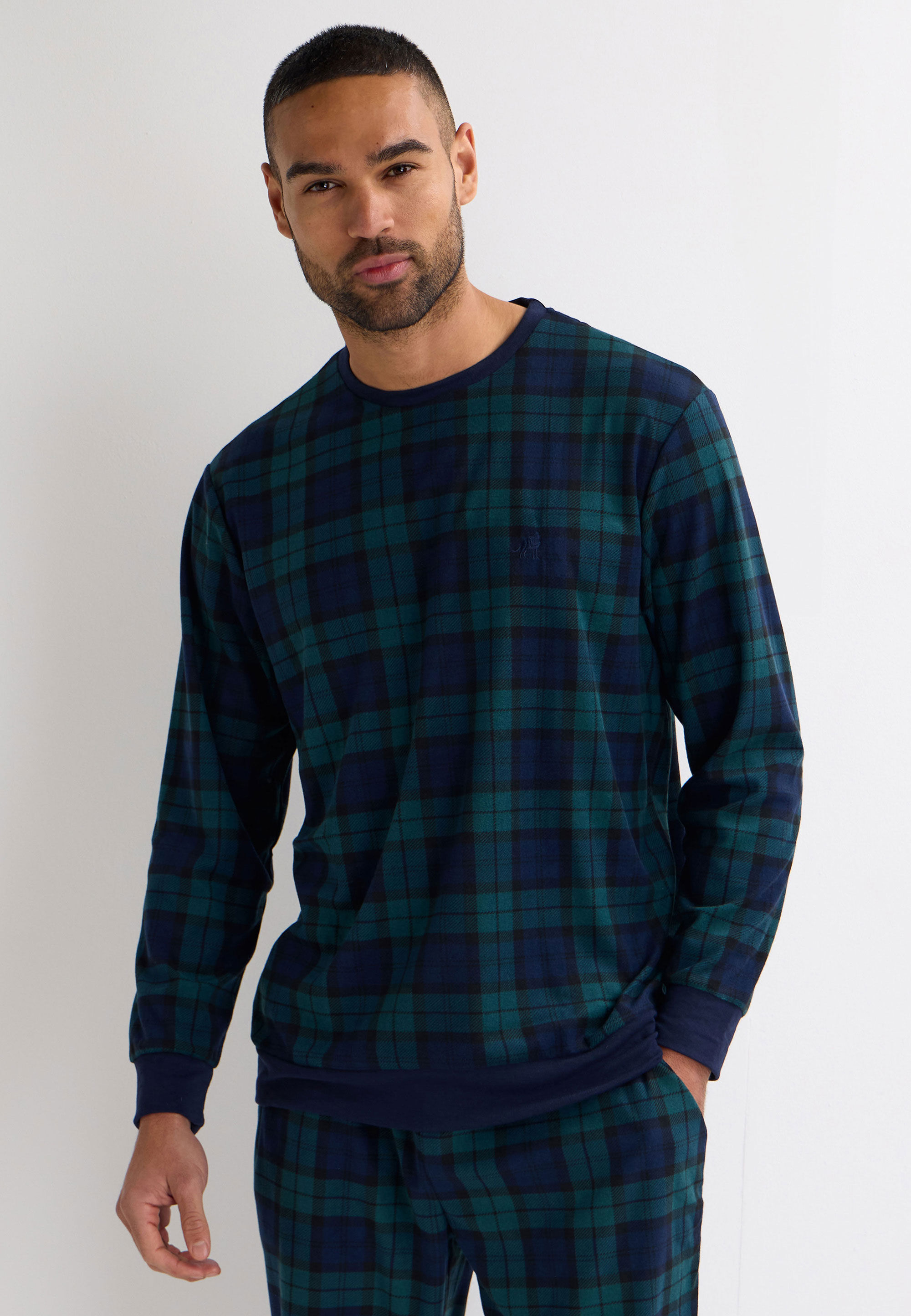 Mens Dark Green Check Print Fleece Pyjama Gift Set
