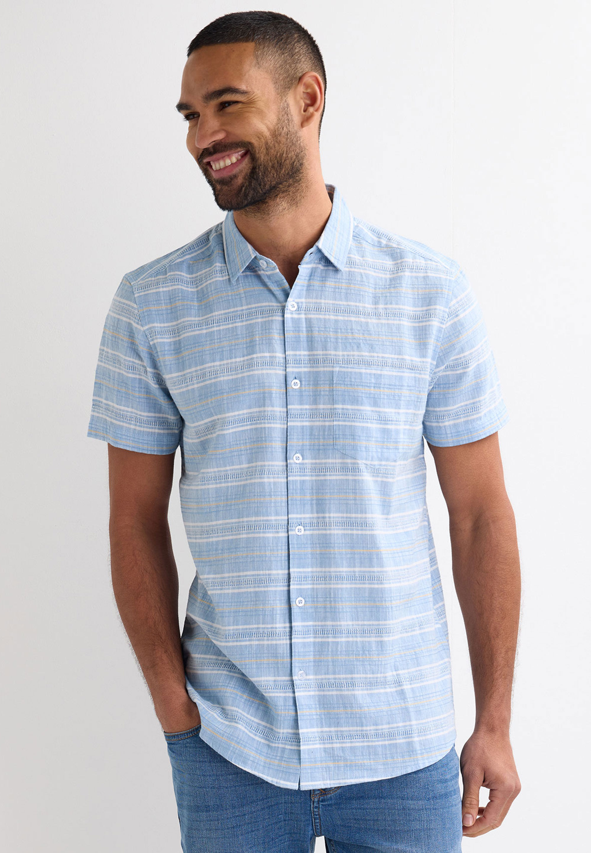 Mens Light Blue Stripe Short Sleeve Shirt