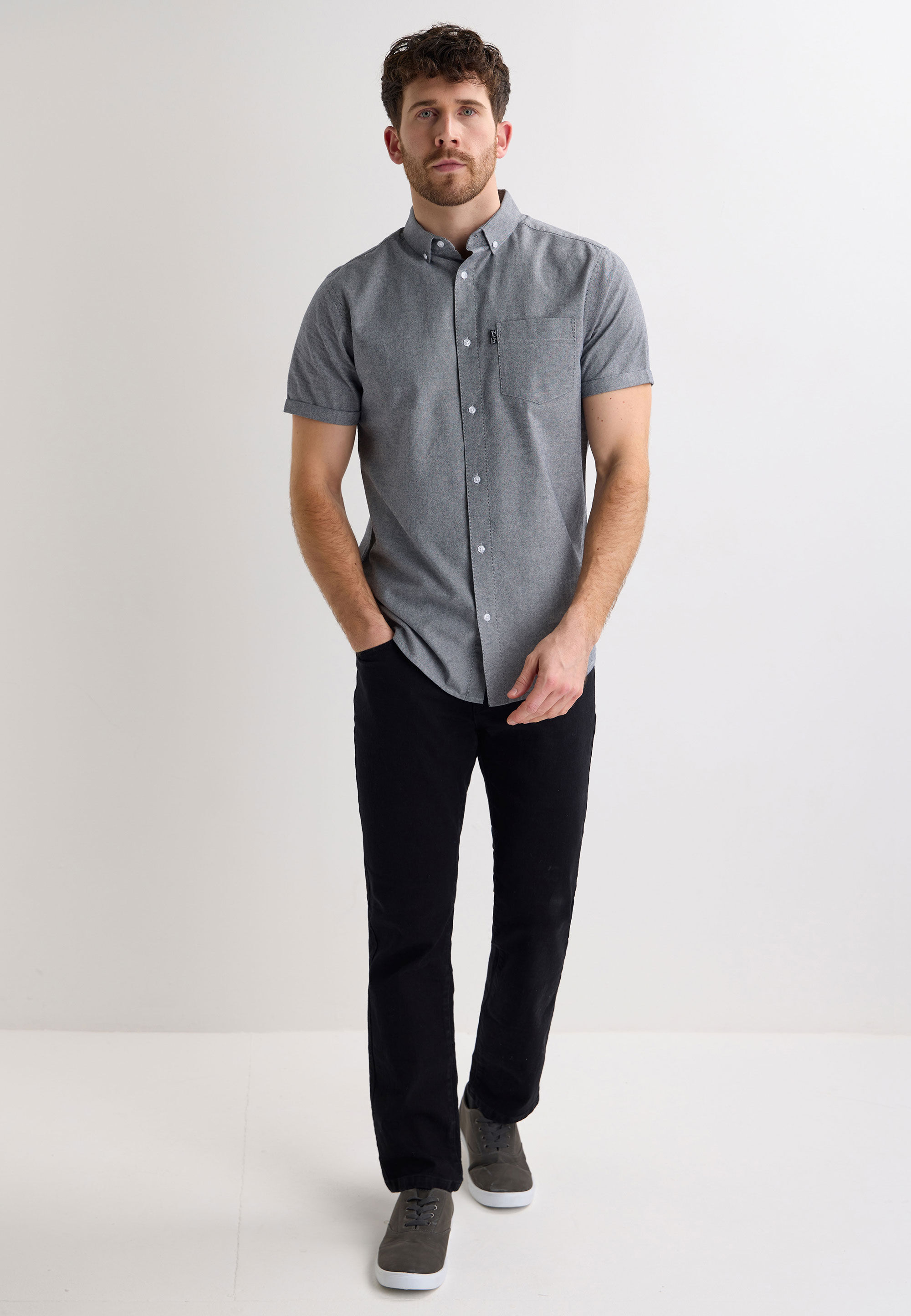 Mens Grey Plain Oxford Short Sleeve Shirt