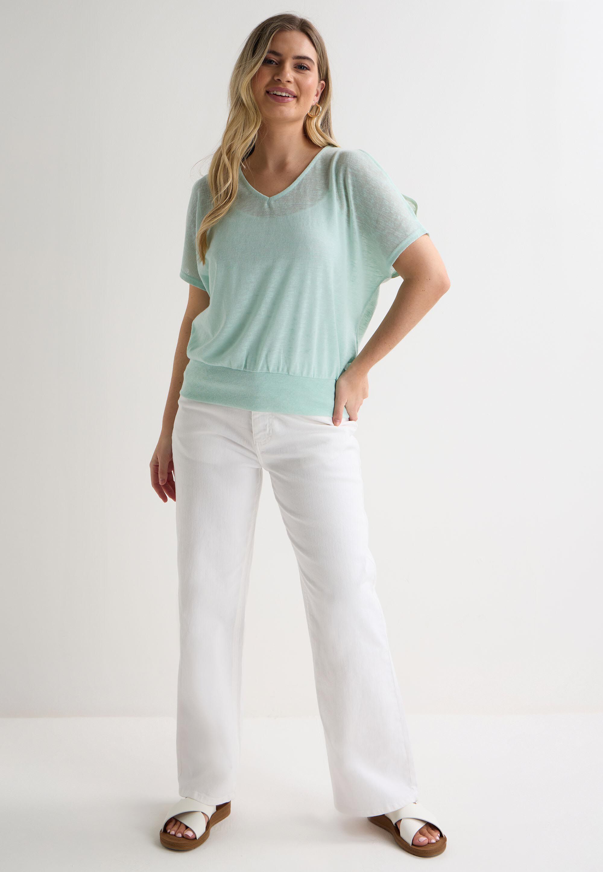 Womens Mint Linen Blend Split Sleeve Top