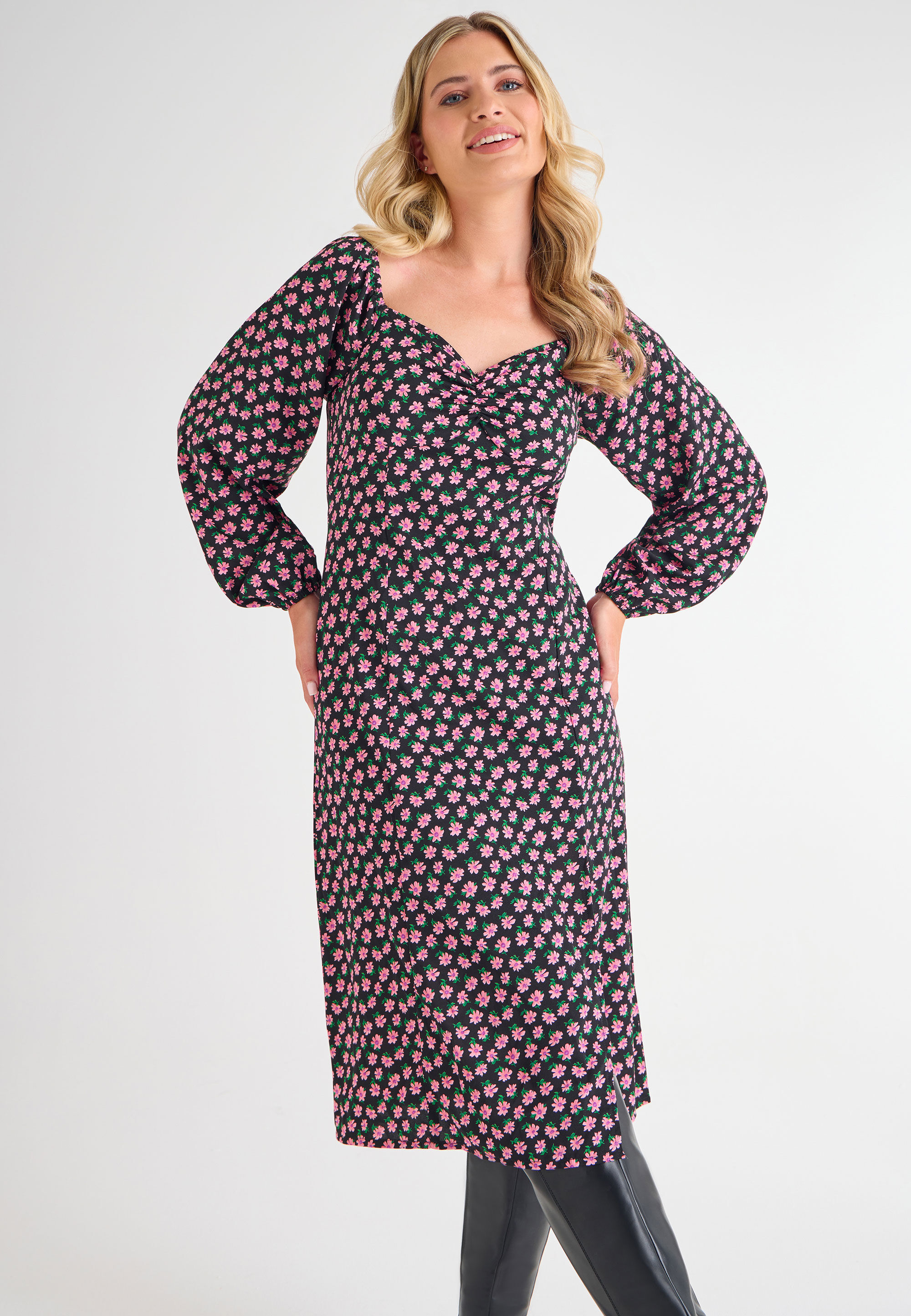 Womens Pink Floral Print Sweetheart Dress