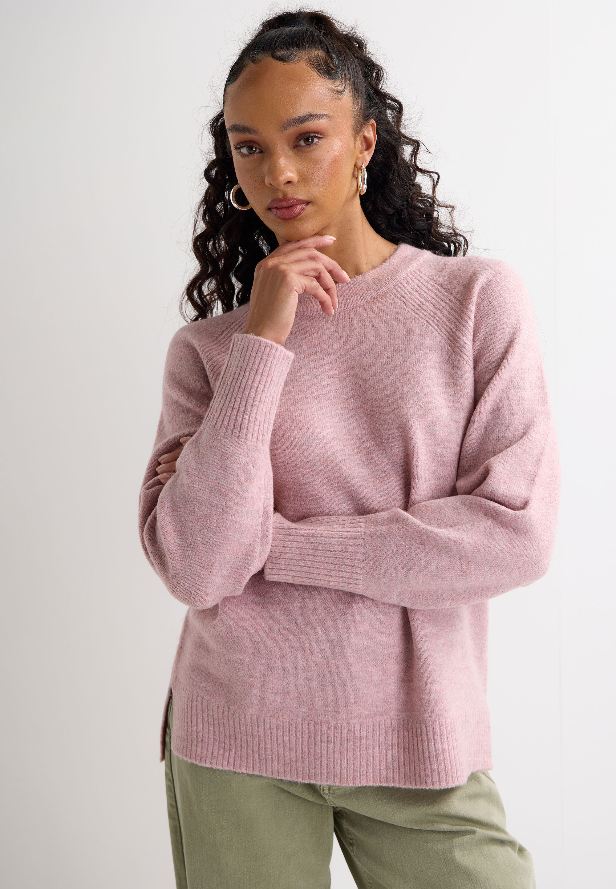 Womens Pink Side Split Crew Neck Jumper