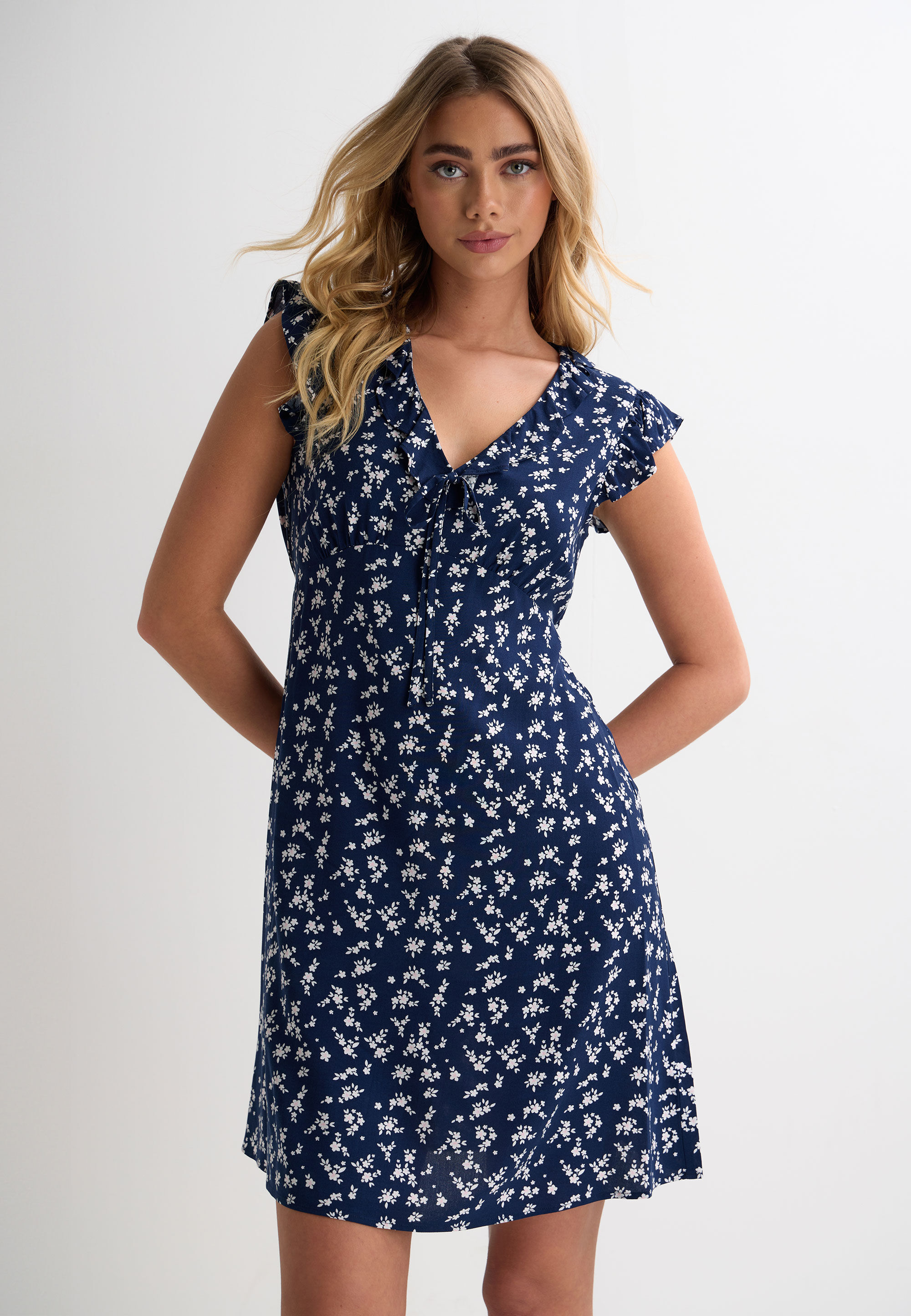 Womens Navy Ditsy Print Ruffle Sleeve Tea Dress