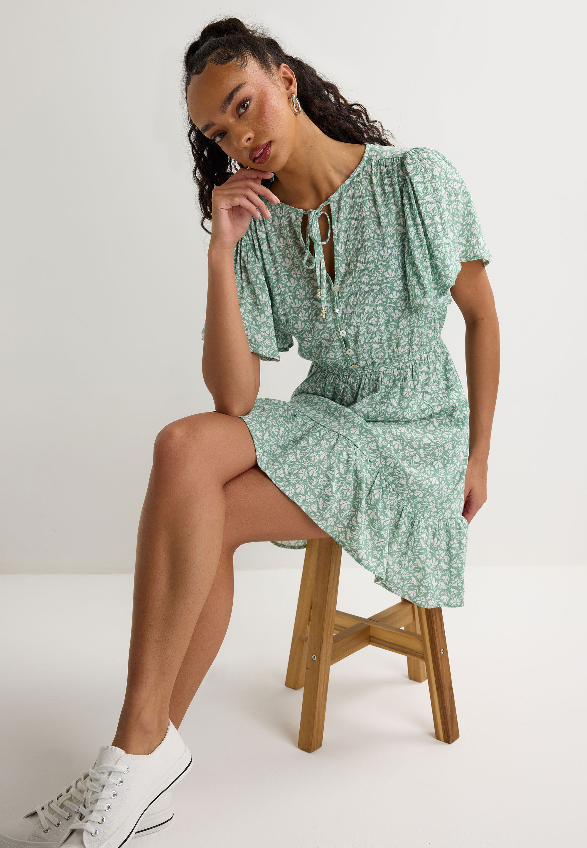Womens Sage Floral Flutter Sleeve Mini Dress