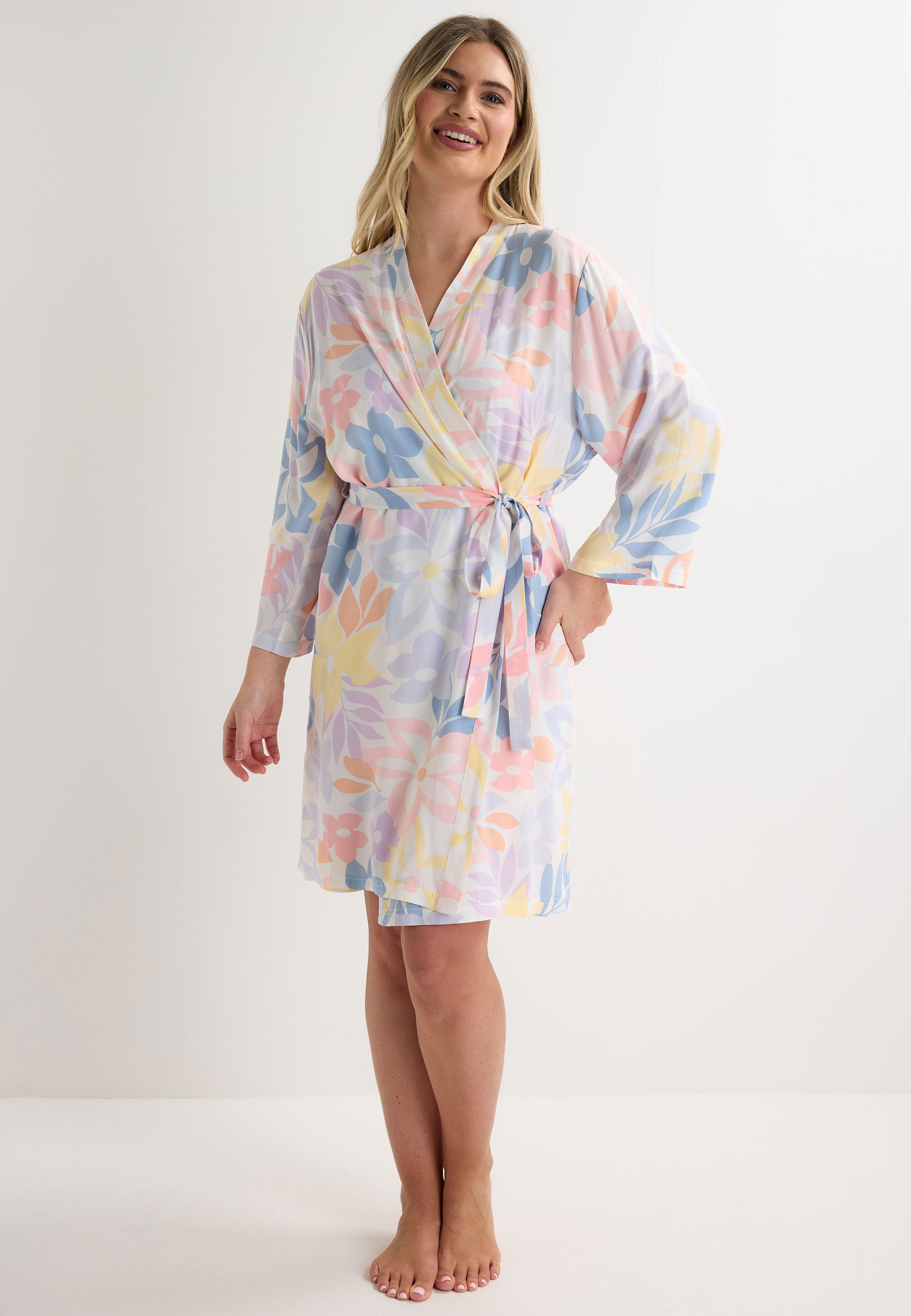 Womens Pink Floral Print Kimono Dressing Gown