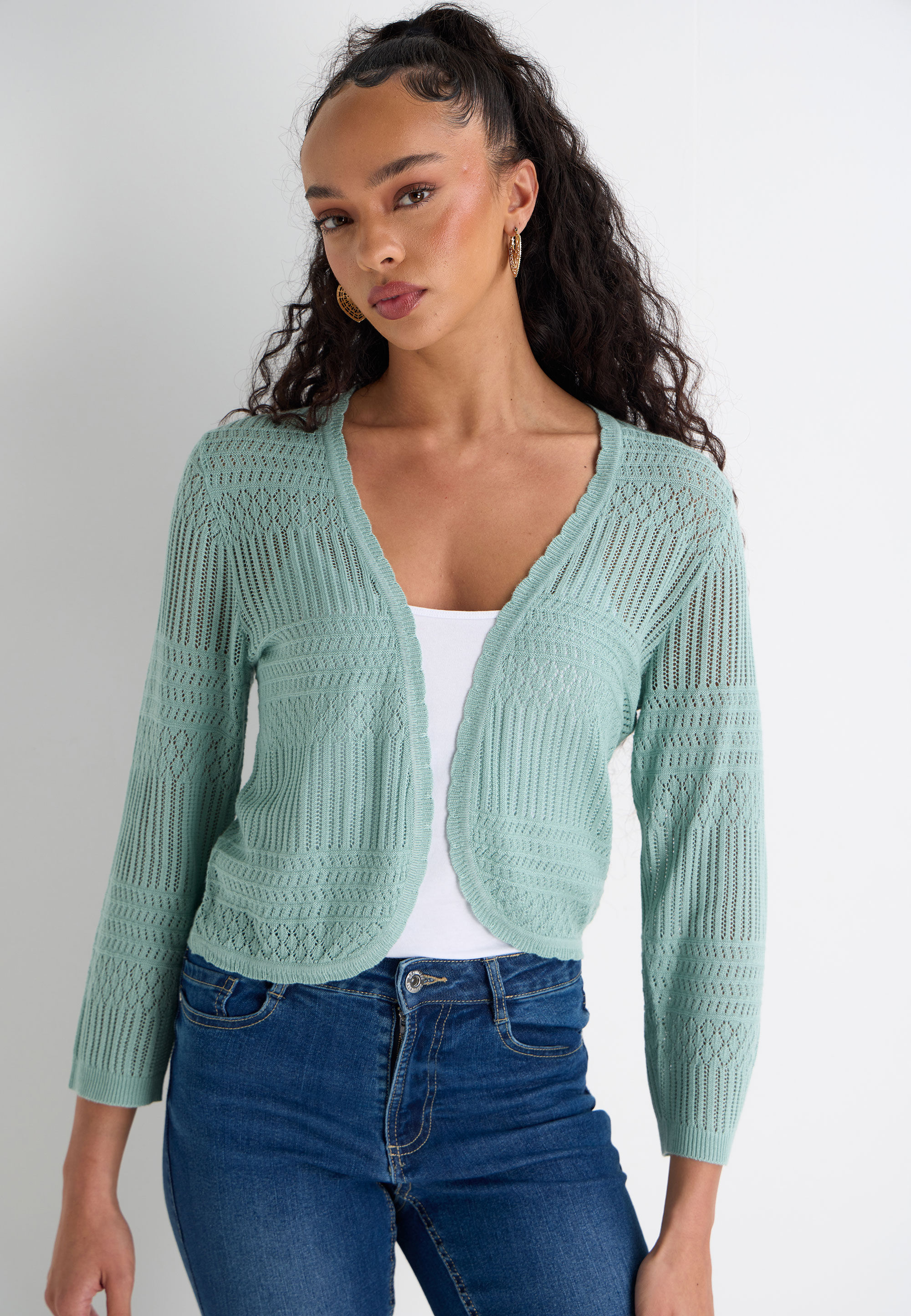 Womens Sage Pointelle Curve Hem Cardigan