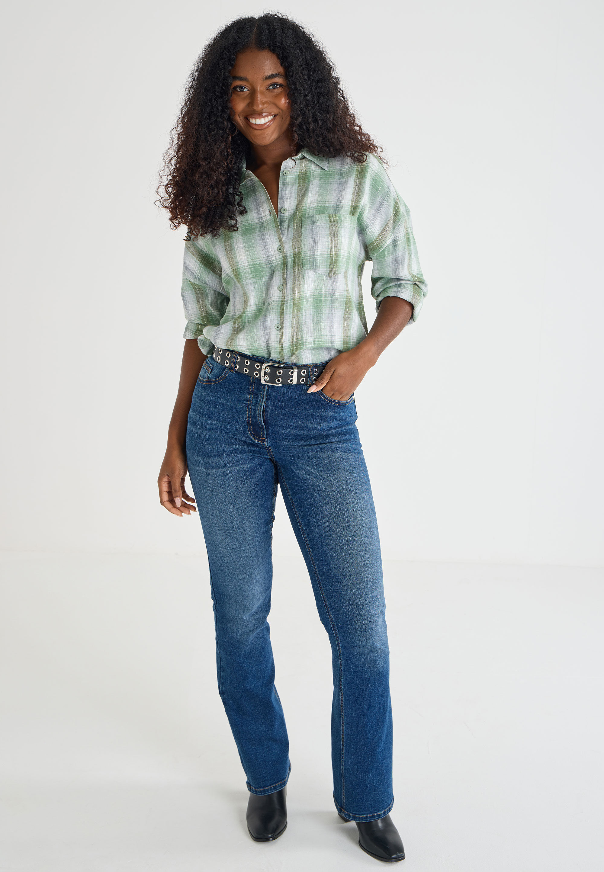 Womens Green & White Check Western Shirt
