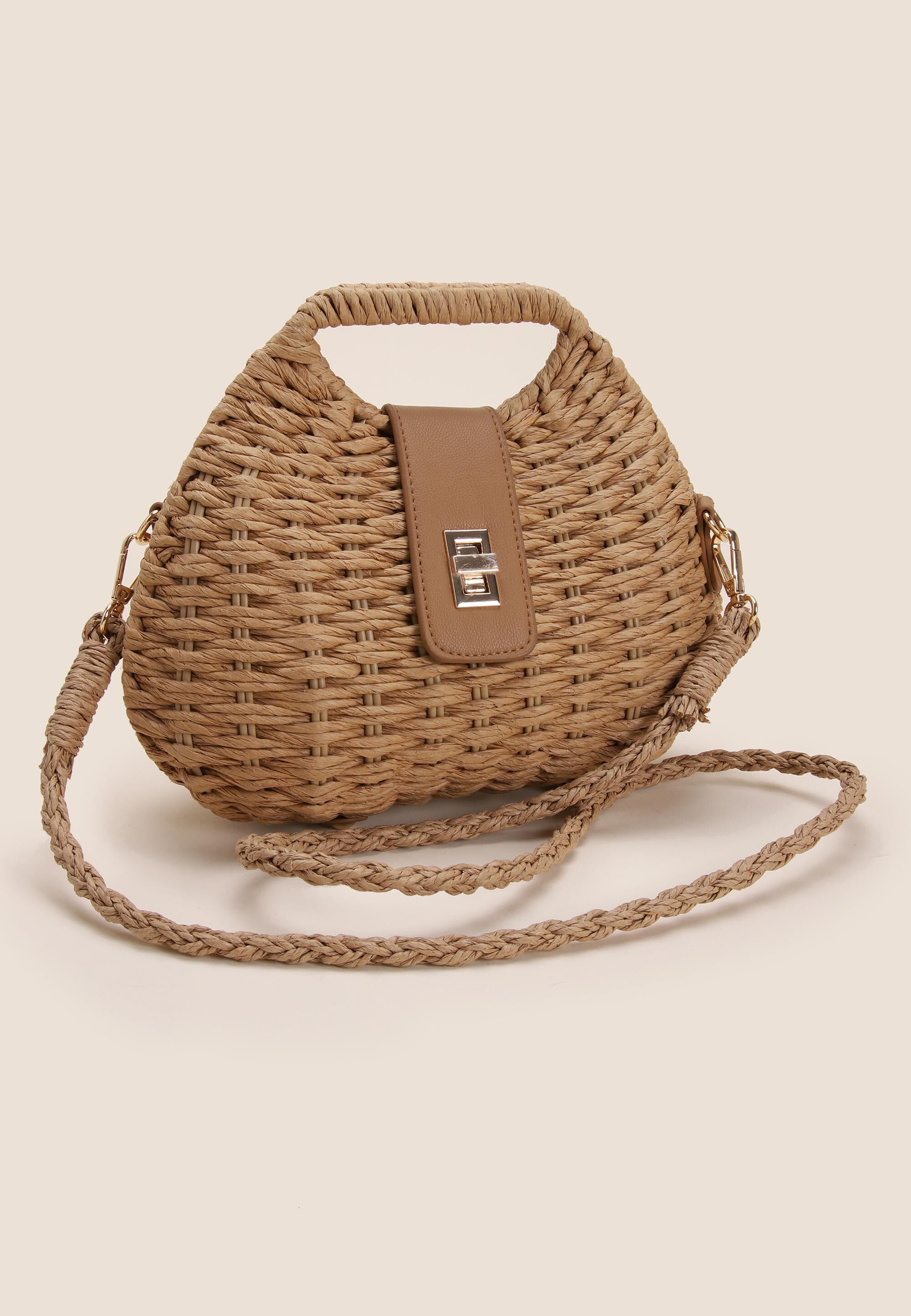 Womens Brown Woven Straw Basket Bag