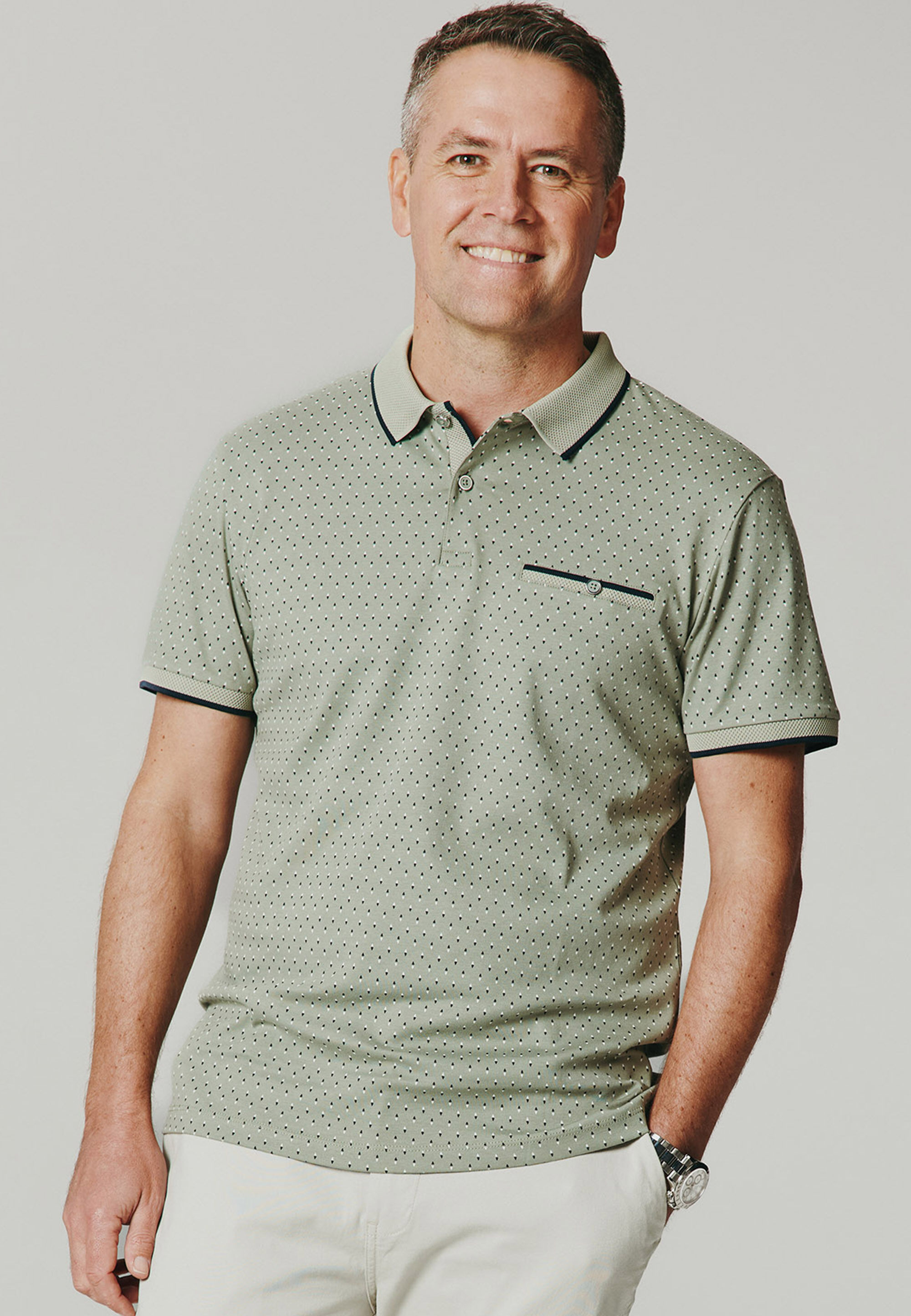 Mens Sage Ditsy Print Polo Shirt