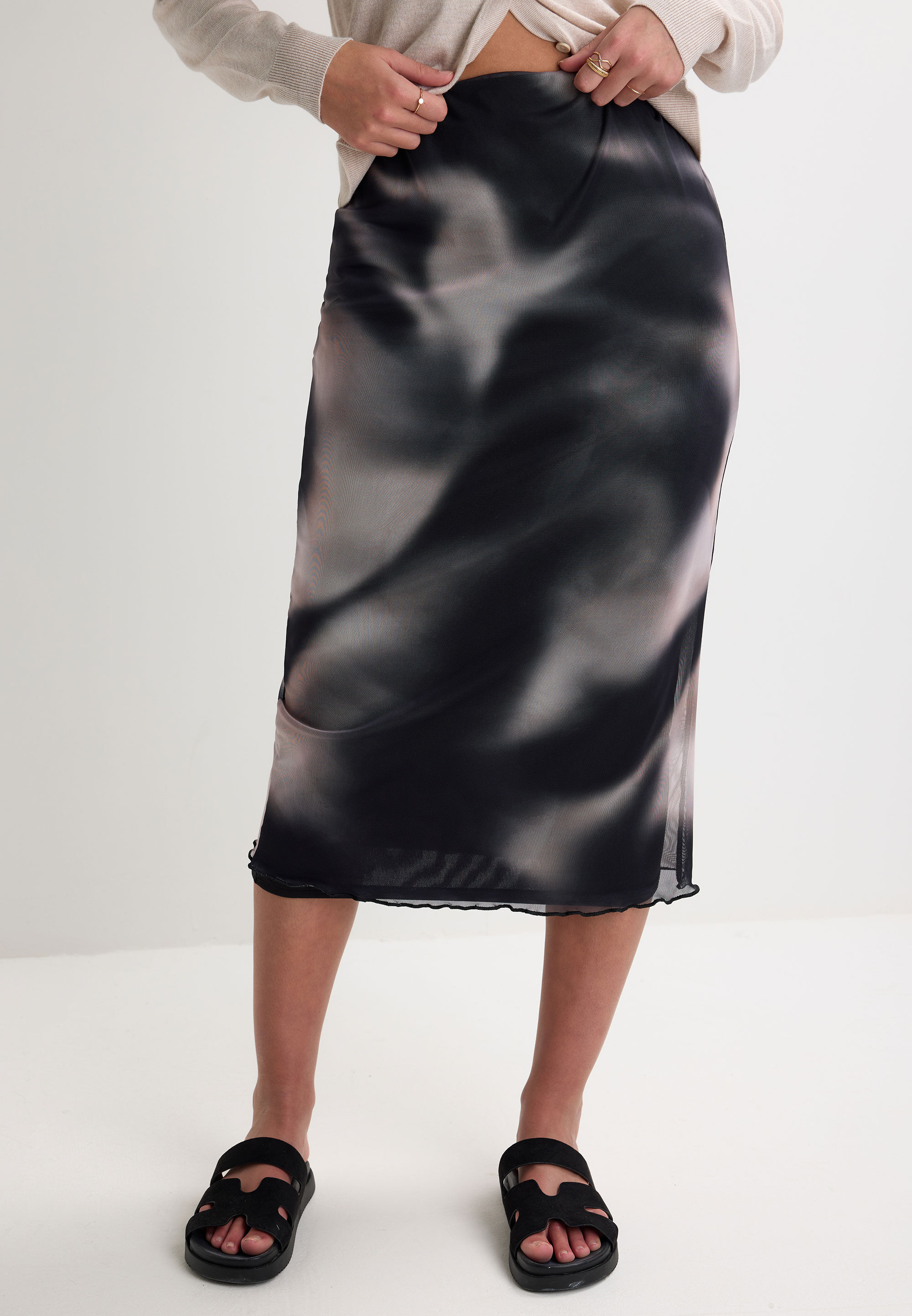 Womens Grey Marble Print Mesh Midi Skirt