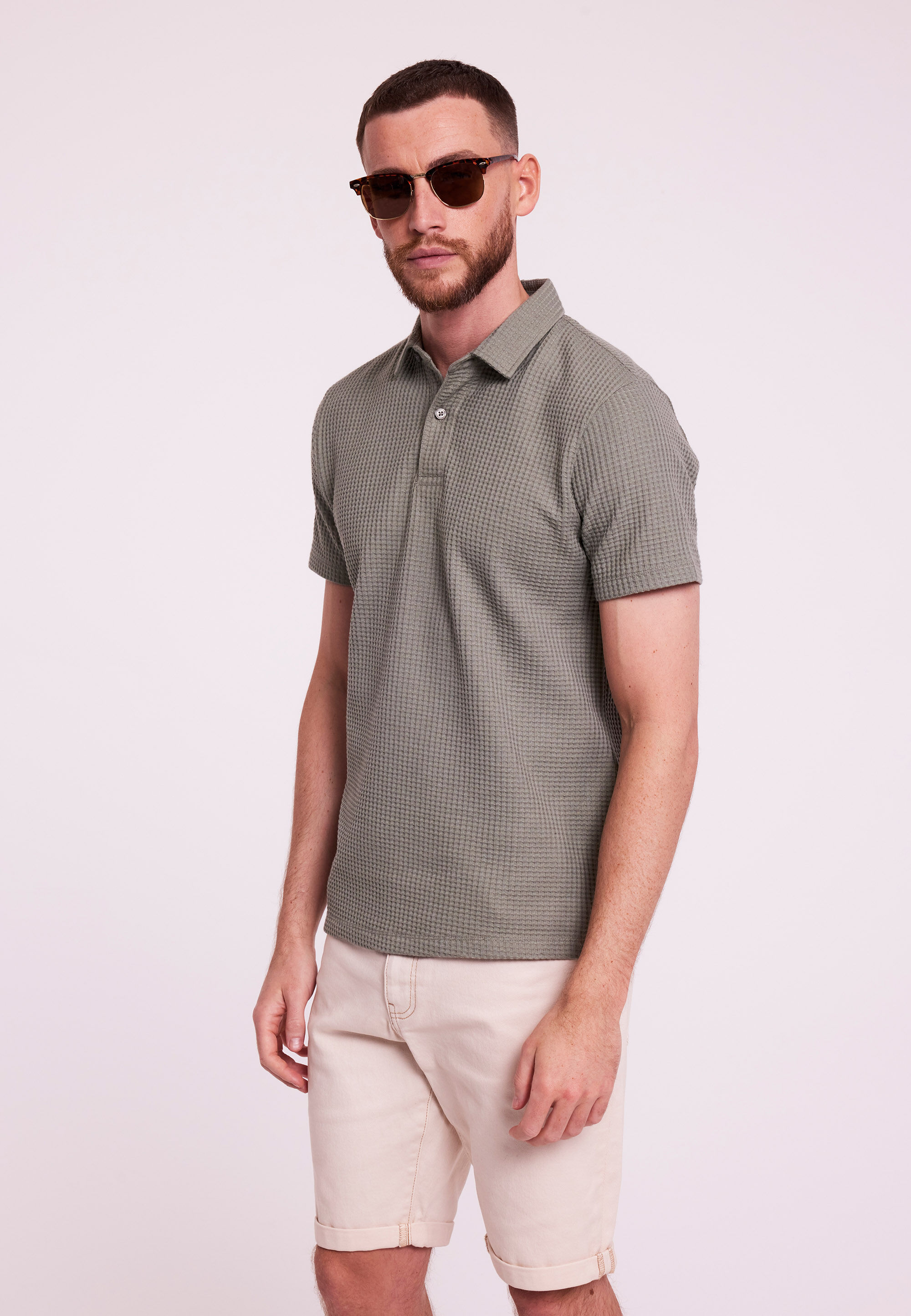 Mens Green Waffle Short Sleeve Polo Shirt