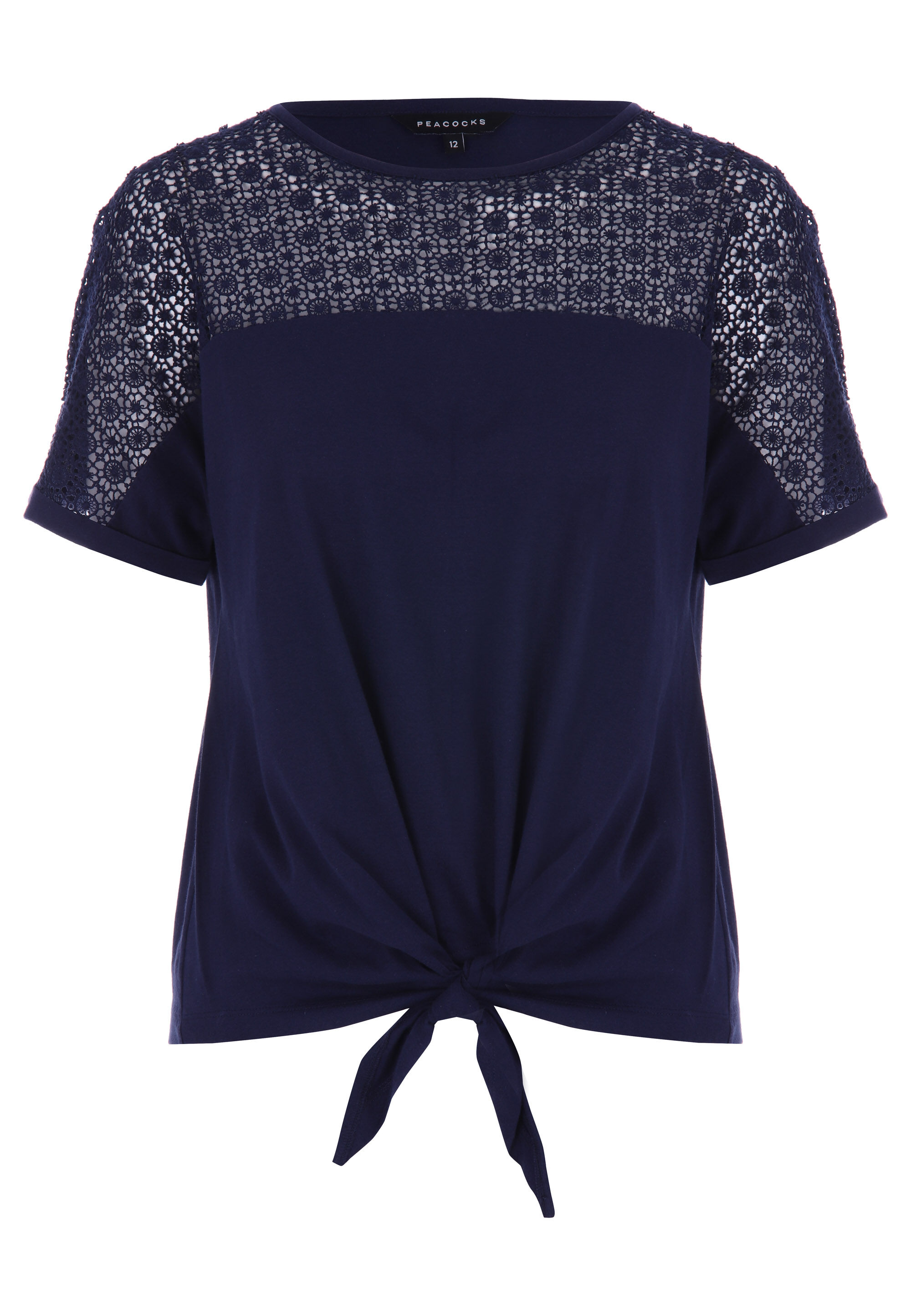 Womens Navy Broderie Cotton Front Knot T-Shirt