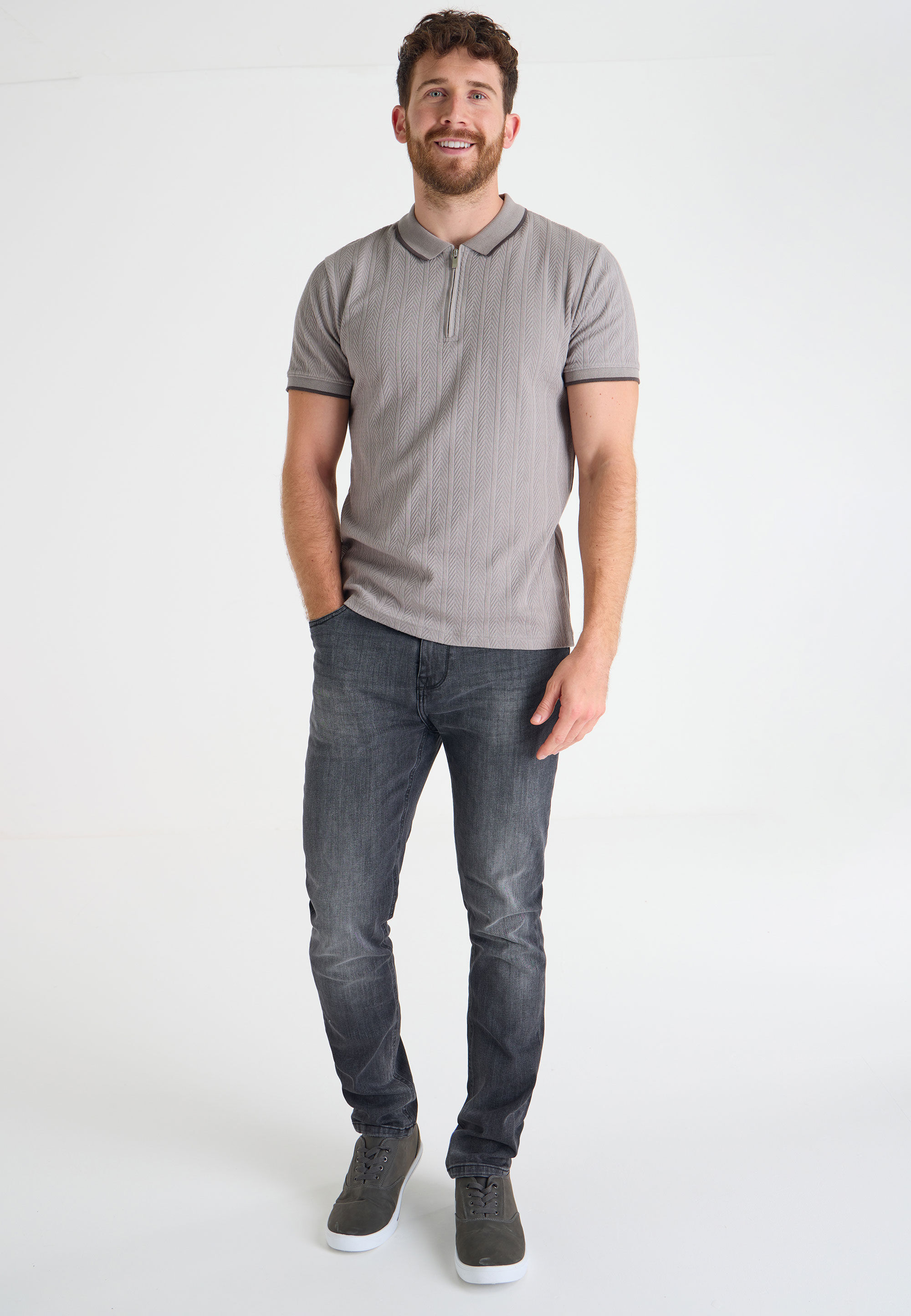 Mens Grey Cable Jacquard Textured Polo Shirt