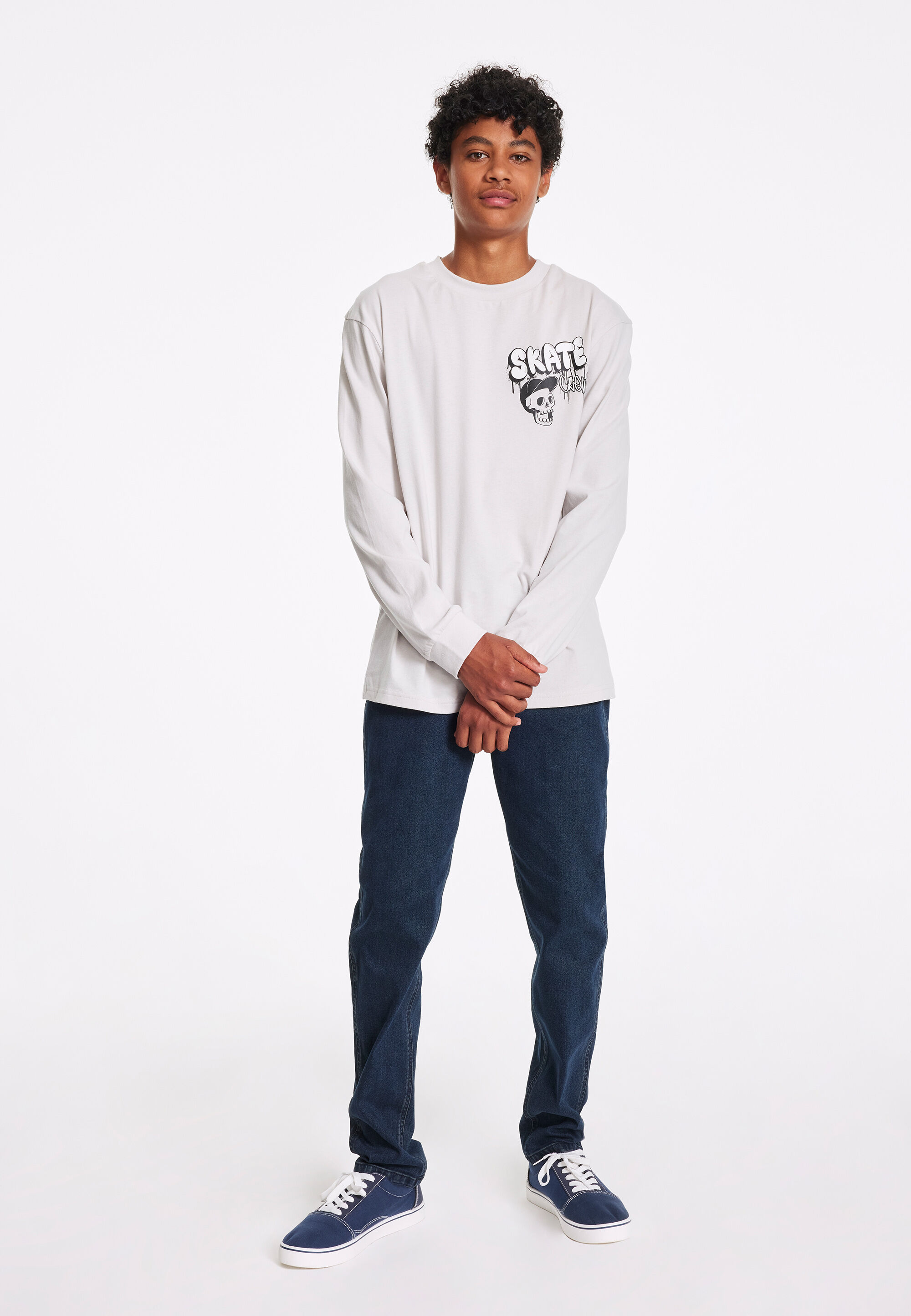 Older Boys Grey Skull Long Sleeve T-Shirt