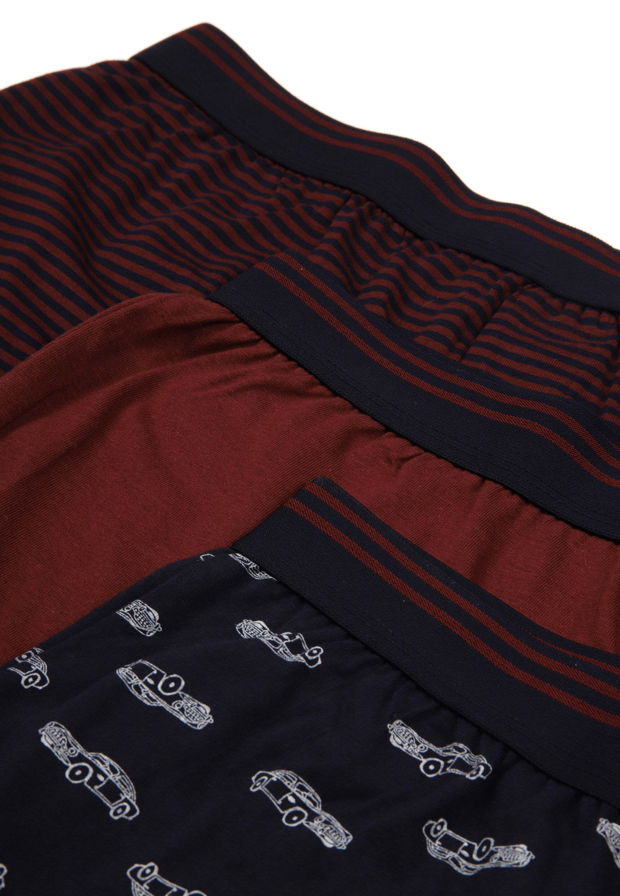 Mens 3pk Burgundy Car & Stripe Loose Fit Boxers