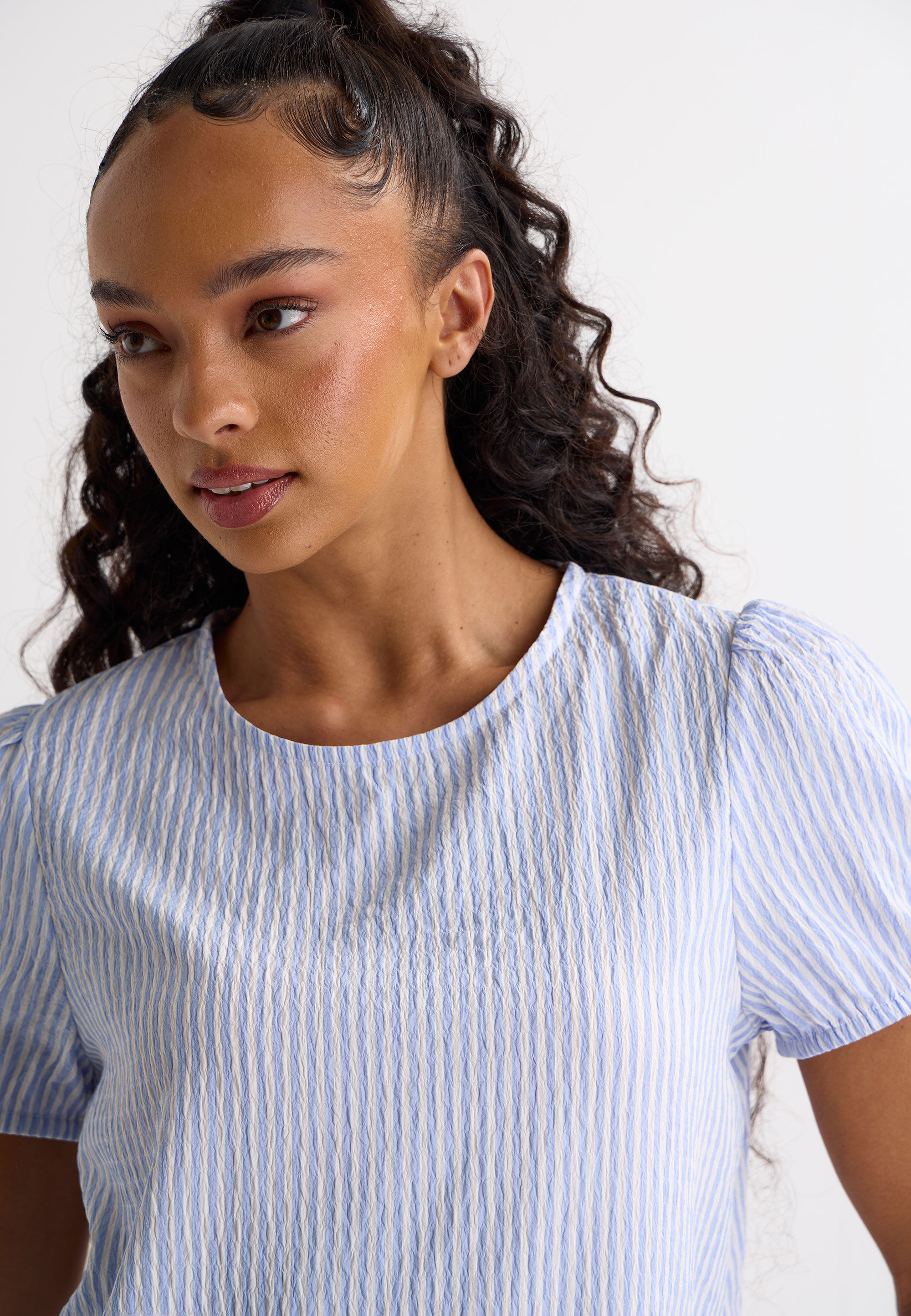 Womens Blue Stripe Print Textured Top