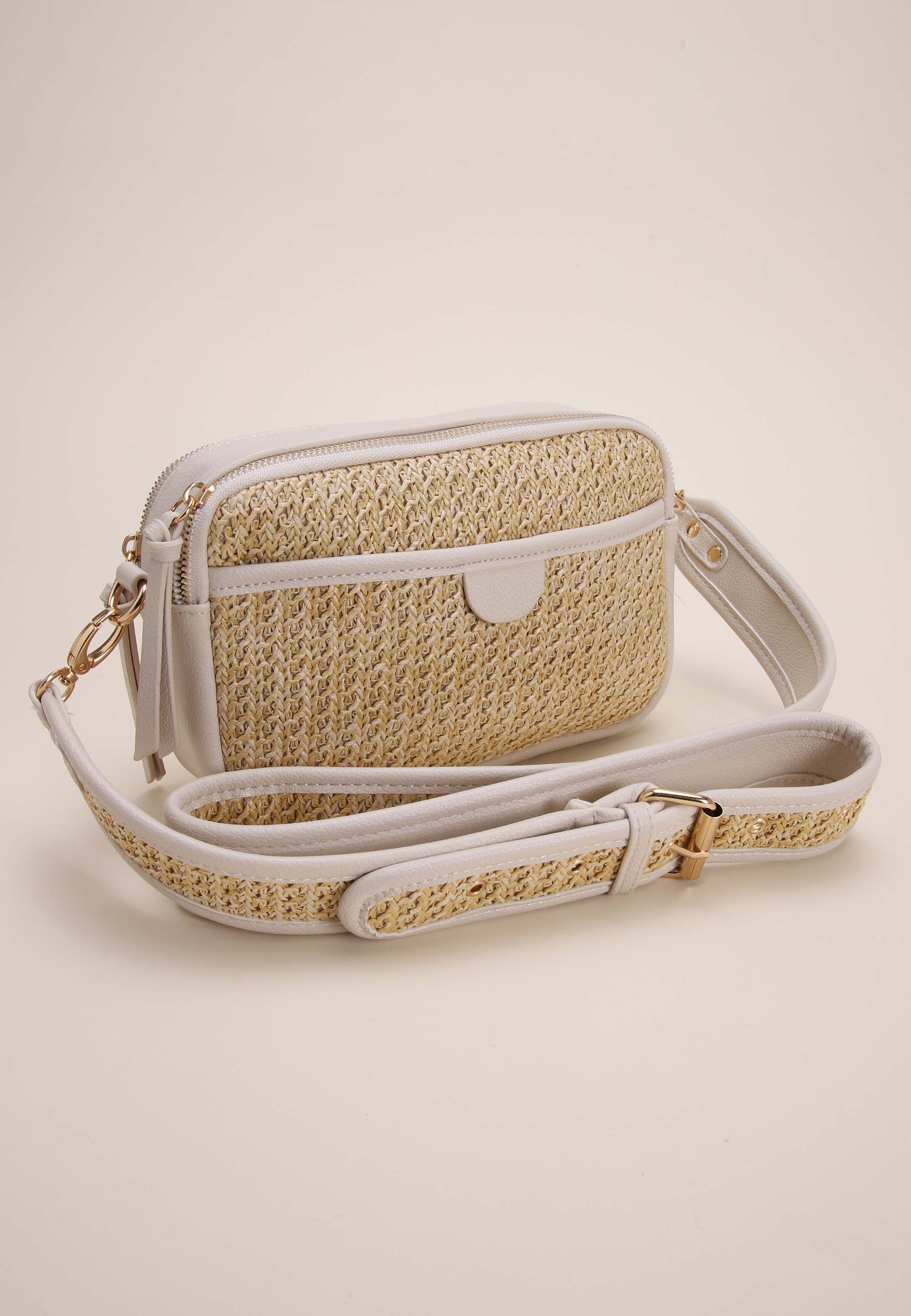 Womens Natural & Cream Straw Woven Camera Bag