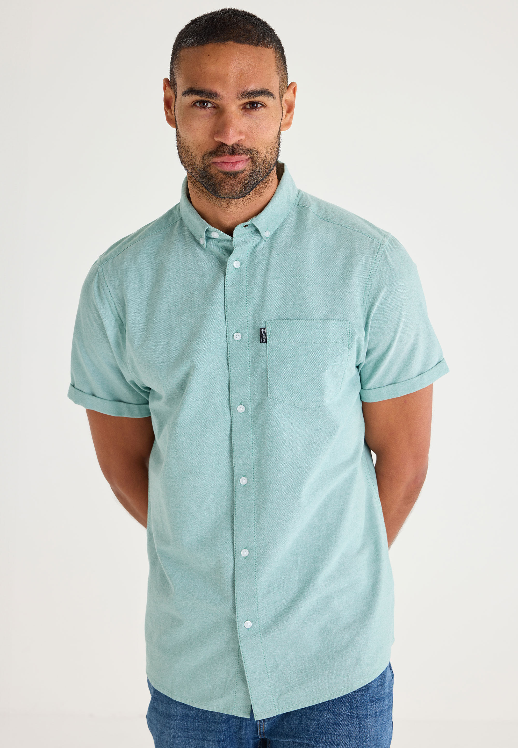 Mens Green Plain Oxford Short Sleeve Shirt